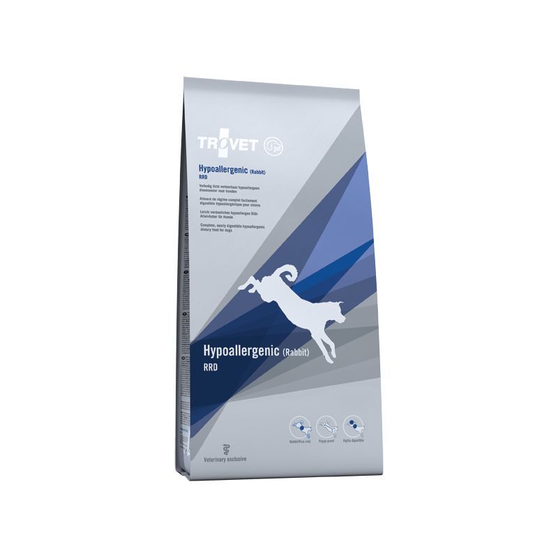 Hundefutterbeutel mit dem Logo von Trovet. Aufschrift: Hypoallergenic (Kaninchen-Reis) RRD. Abbildung eines springenden Tieres.