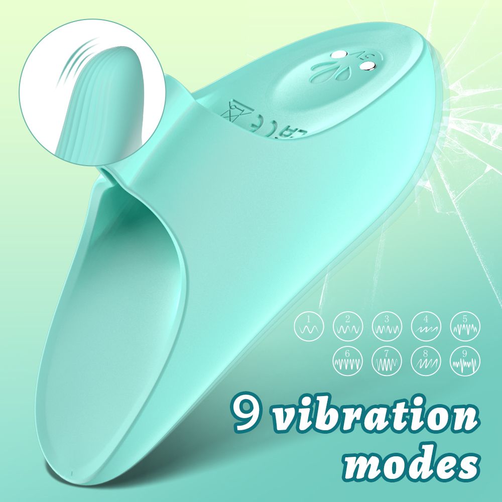 Türkisfarbener Finger-Vibrator. 9 Vibrationsmodi. Text: 9 vibration modes. Wasserdicht.
