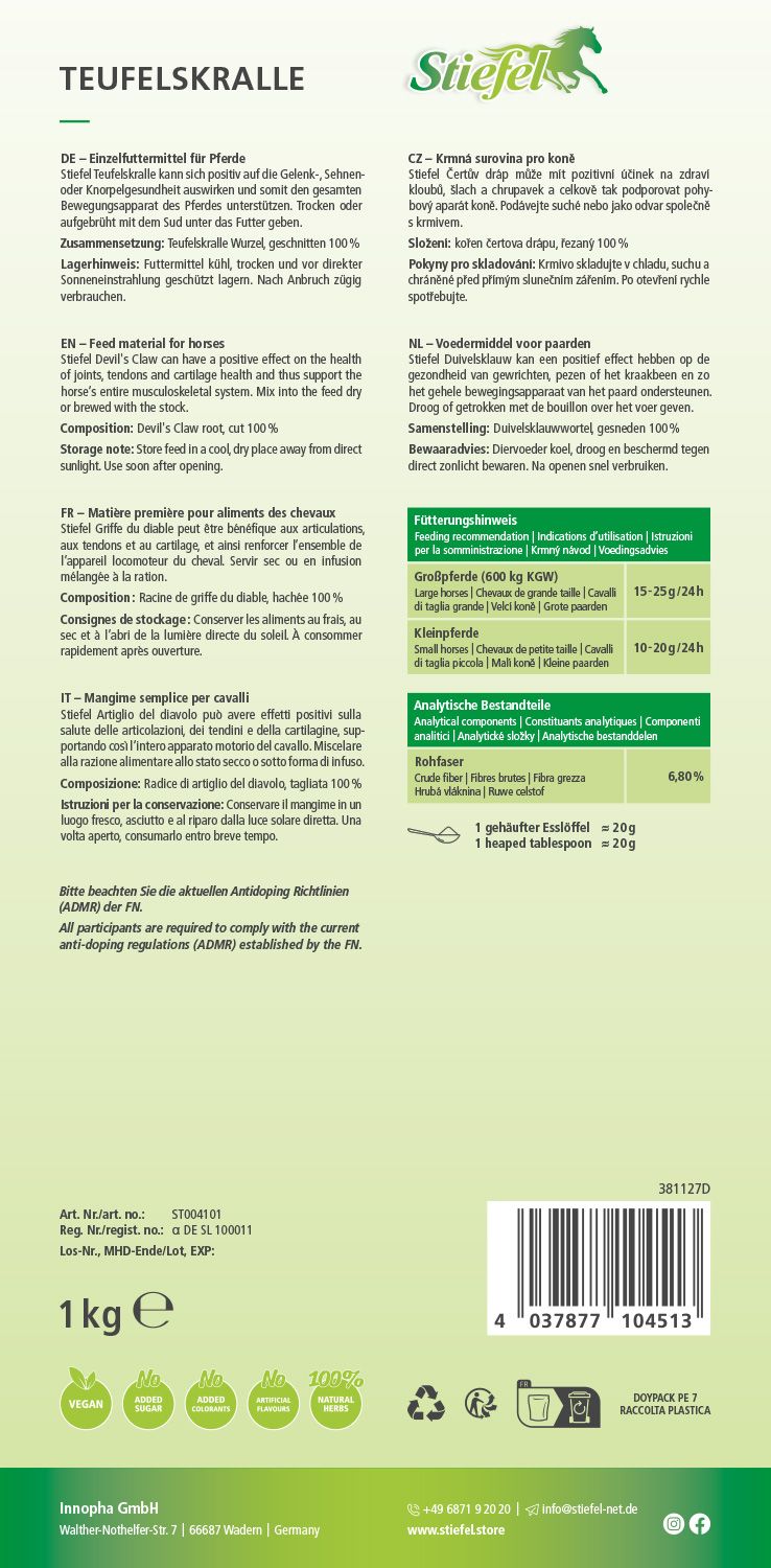 Rückseite der Produktverpackung Stiefel Teufelskralle. Text in mehreren Sprachen, Inhaltsstoffe, Fütterungsempfehlung und Nährwertangaben.