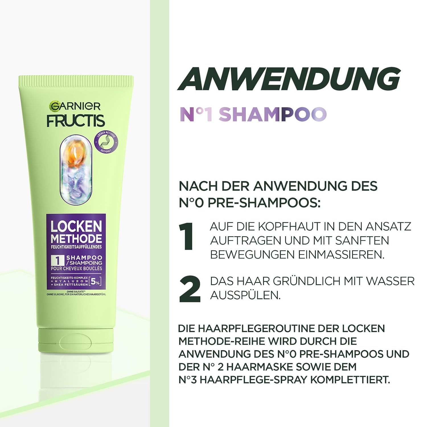 Anwendungshinweise für Garnier Fructis Locken Methode Shampoo. Text und Abbildungen zeigen die Anwendung.