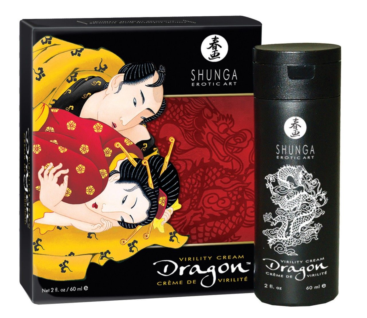 Schwarze Verpackung und Flasche. Aufschrift: Shunga Dragon, Virility Cream. Abbildung: Paar in traditioneller Kleidung.
