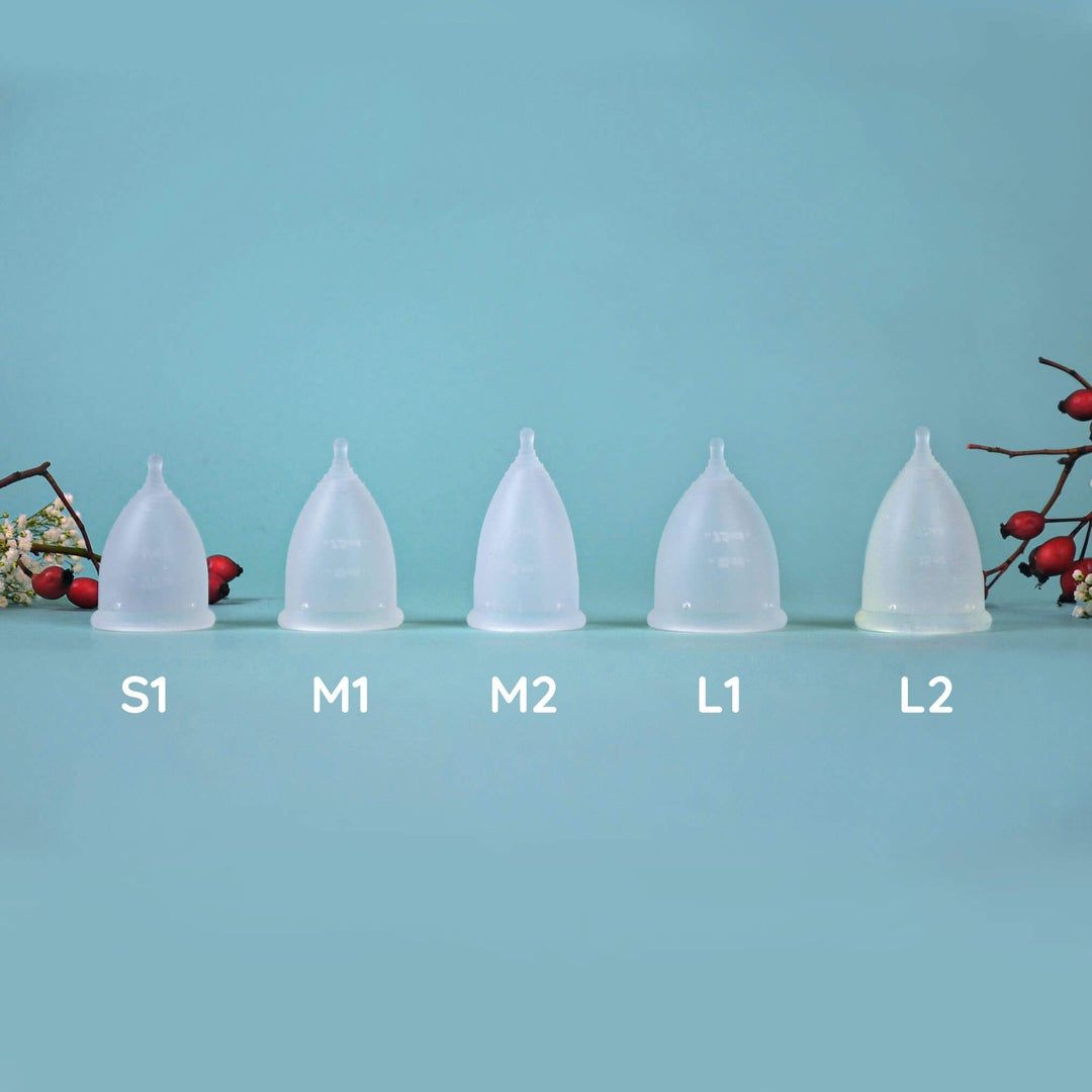 Fünf Menstruationstassen nebeneinander. Größen S1, M1, M2, L1, L2. Alle transparent und aus Silikon. Auf blauem Hintergrund.
