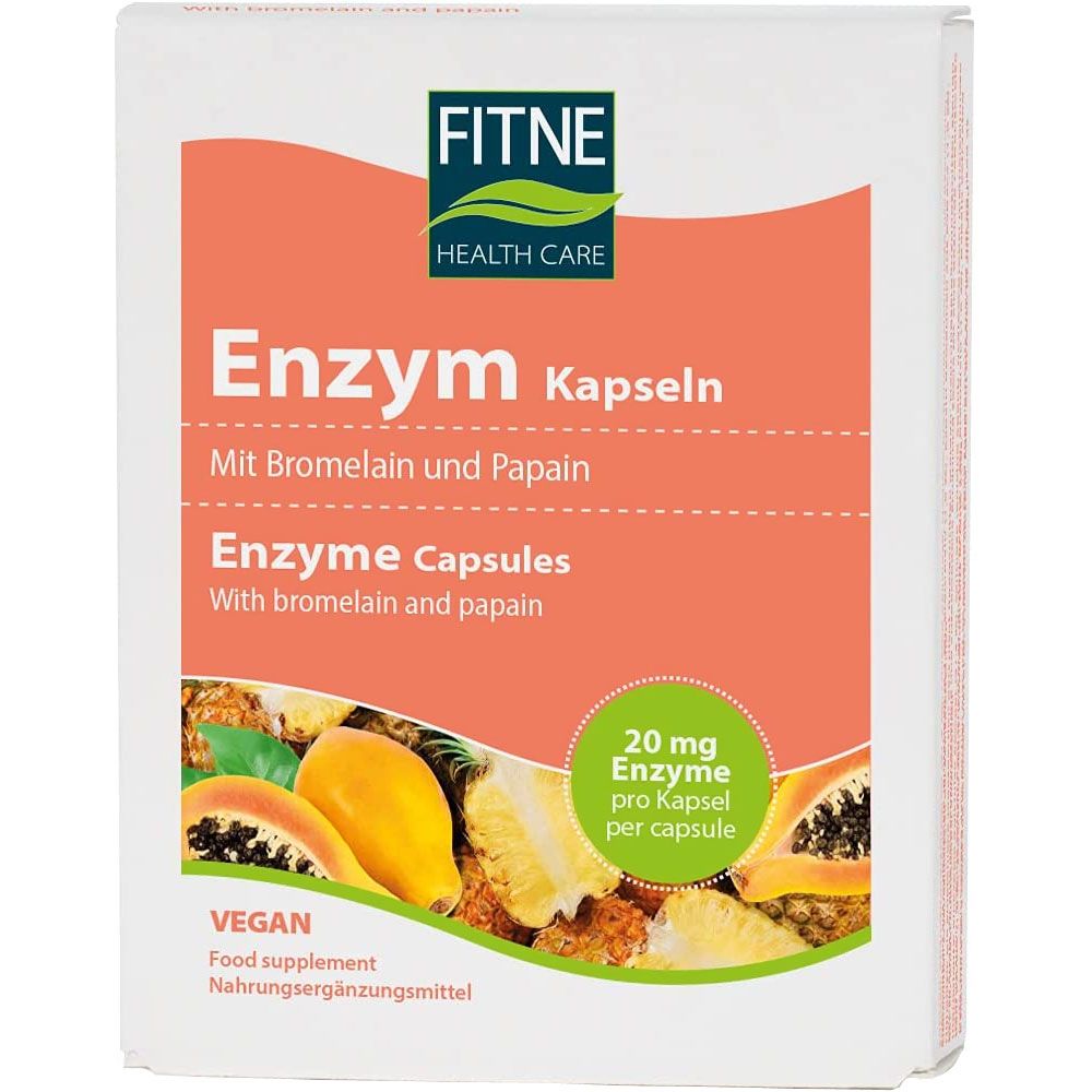 Verpackung von Fitne Enzym Kapseln. Enthält Bromelain und Papain. Vegan. Nahrungsergänzungsmittel. 20 mg Enzym pro Kapsel.