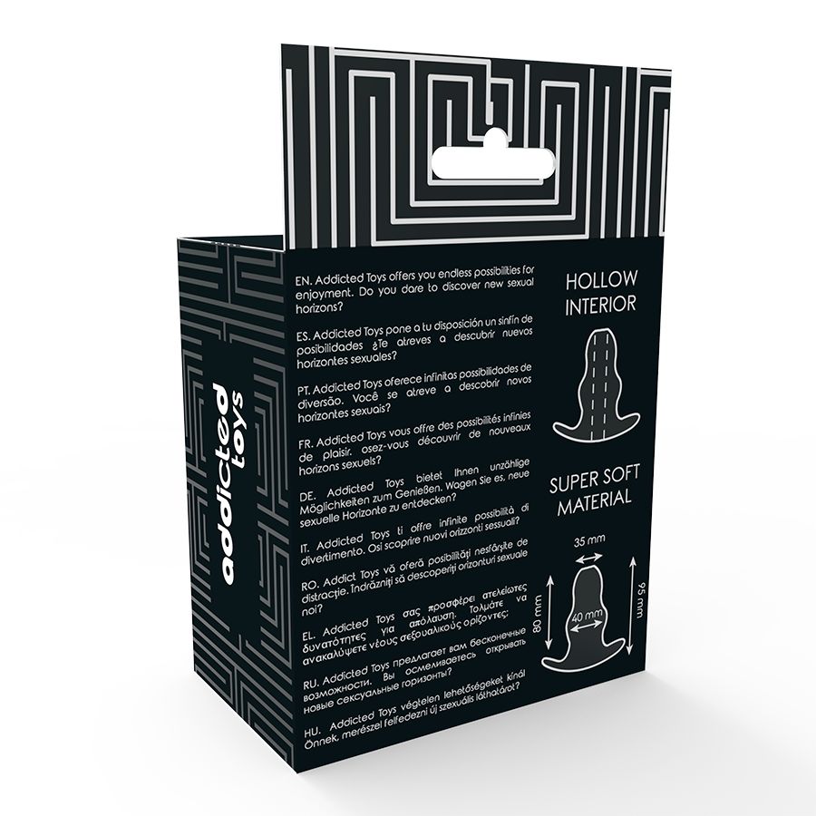 Rückseite der Verpackung mit Texten in verschiedenen Sprachen. Produktabbildung und Maße.