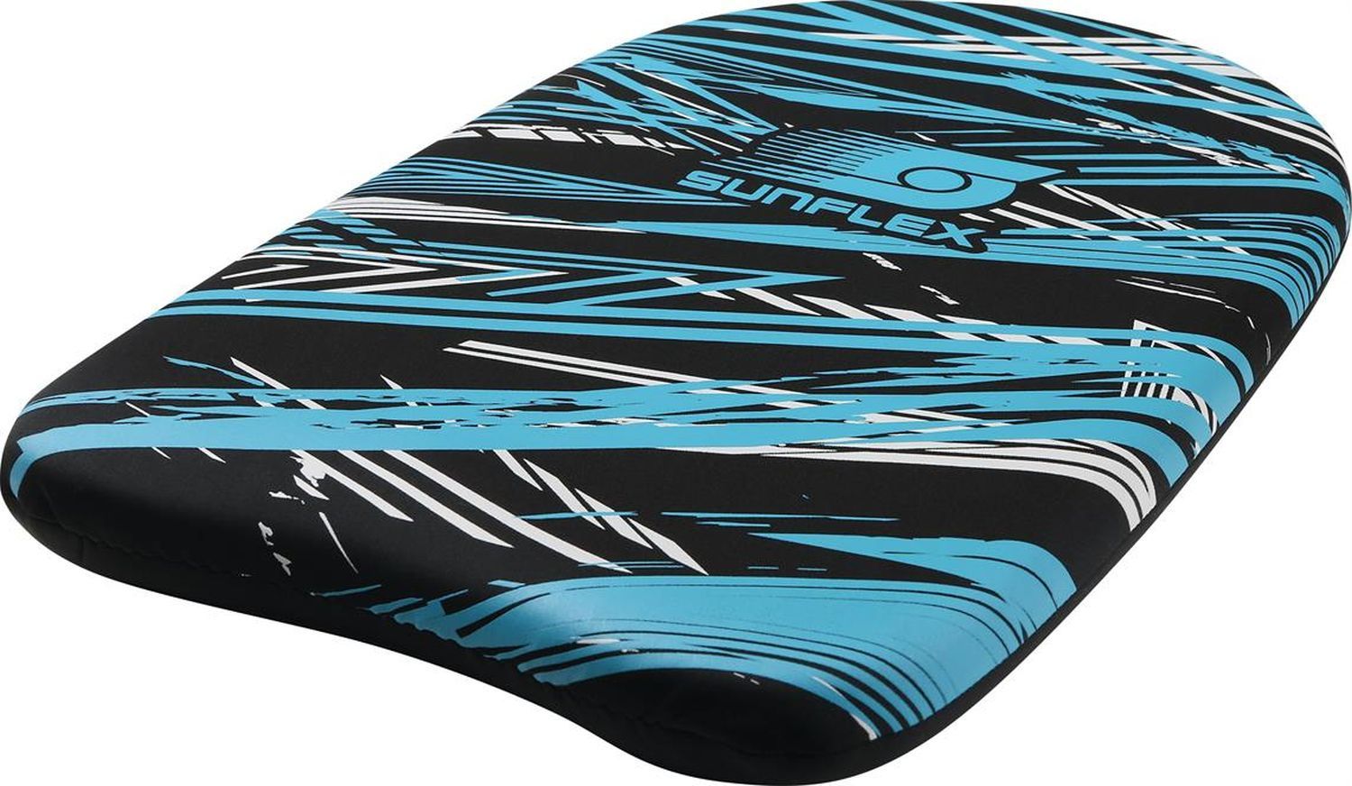 Schwimmbrett SUNFLEX, blau-schwarzes Muster. Ovale Form, blaue und weiße Streifen, Logo.