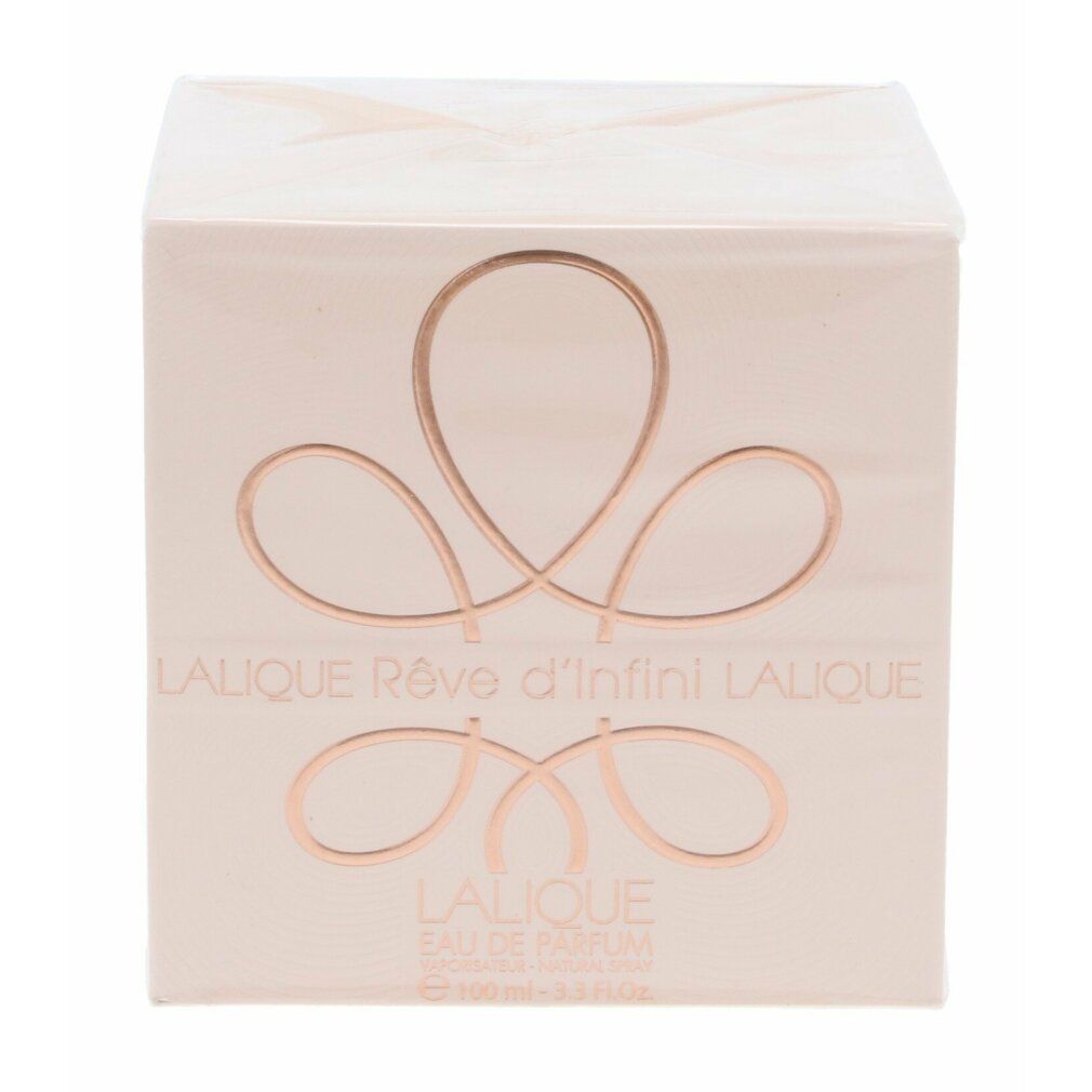 Quadratische Verpackung. Rosa Hintergrund mit goldfarbenem Logo und Text: Lalique Rêve d'Infini.