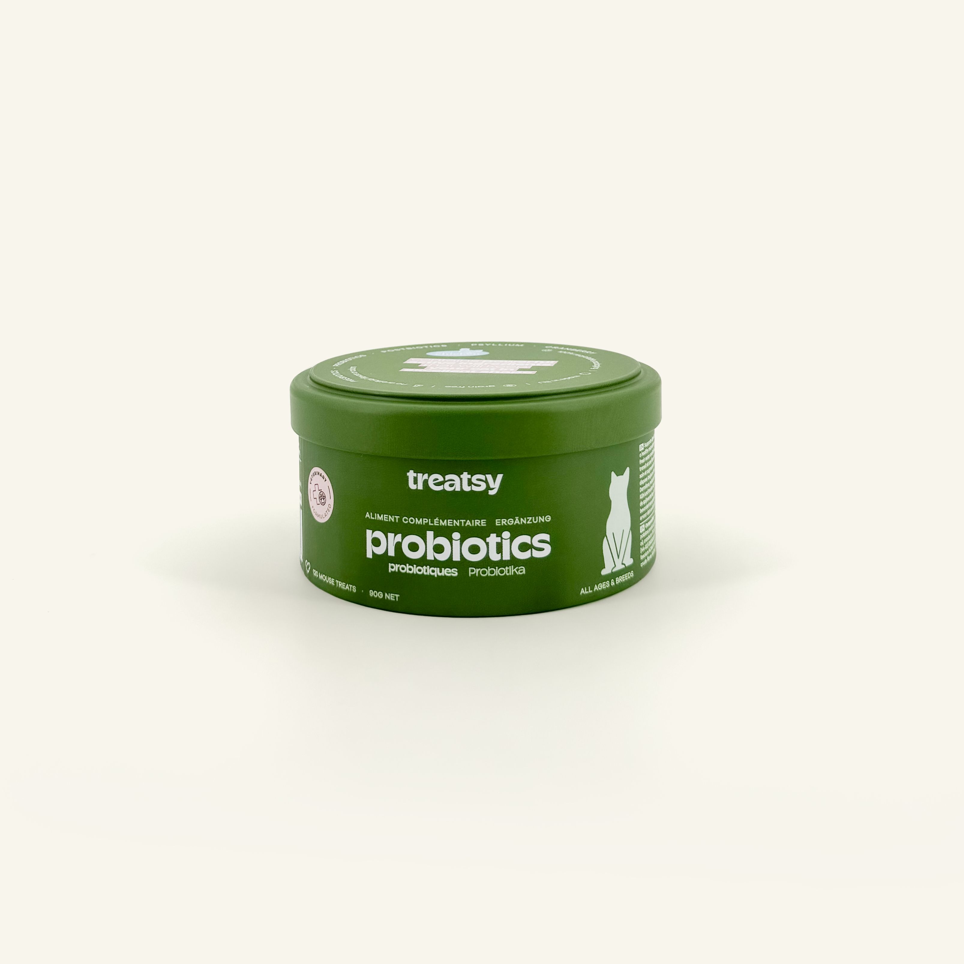 Grüne Dose mit „Treatsy Probiotics“. Weißer Schriftzug und Katzen-Silhouette.