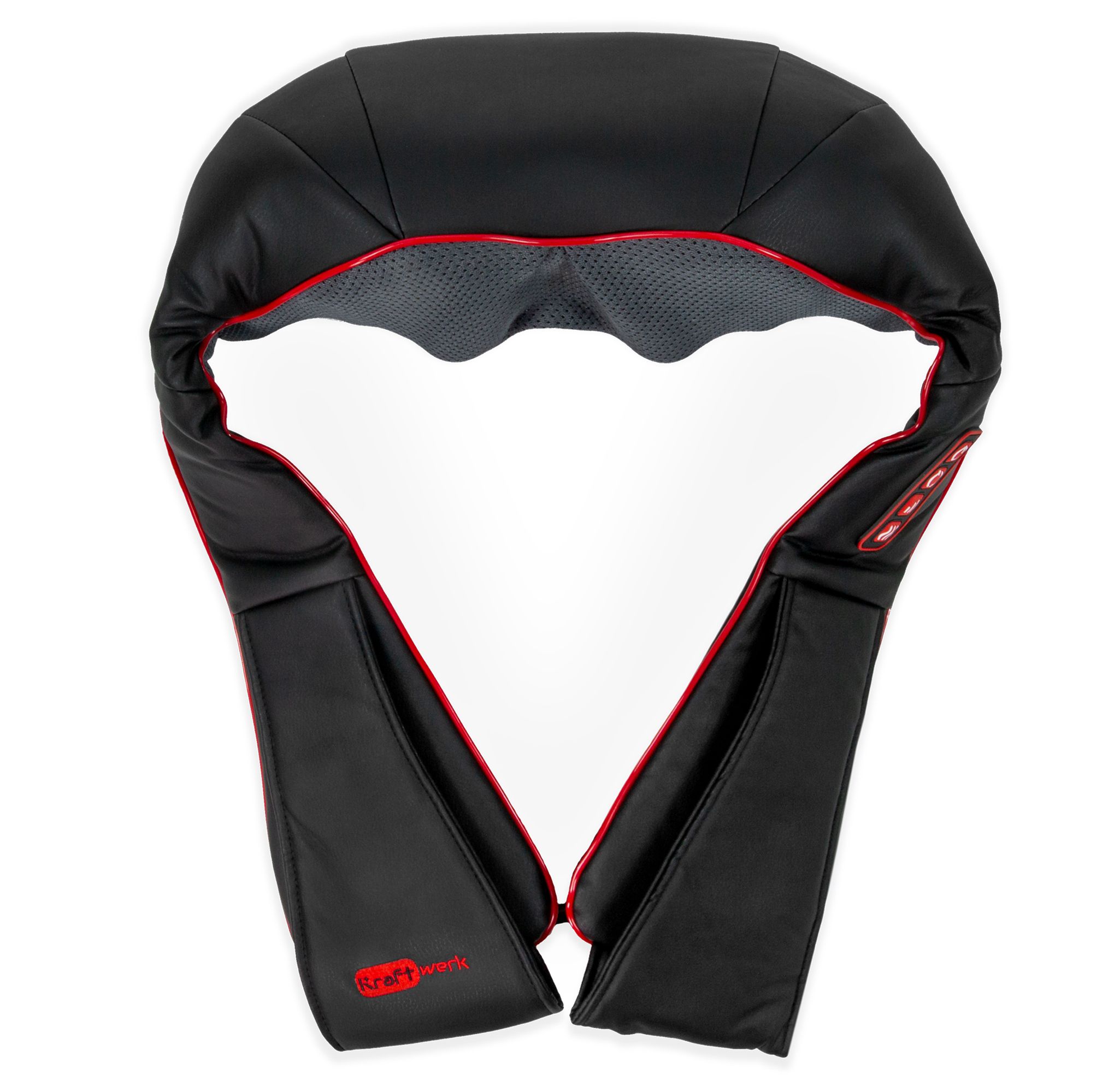 Zwarte nekmassager met rode rand. Bedieningspaneel met symbolen. Rood logo "kraftwerk".