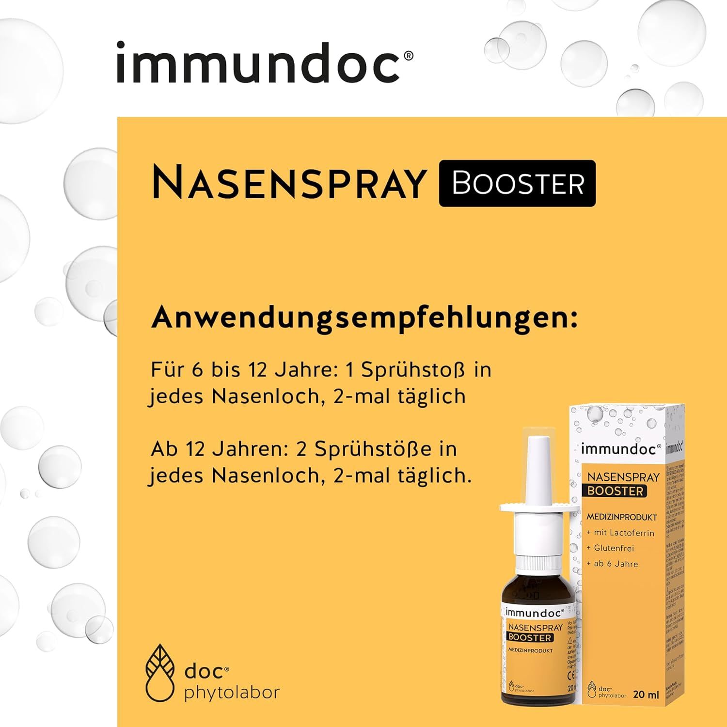 Gelbe Grafik mit Text: Zusammensetzung: Lactoferrin, Wasser, Natriumchlorid, Zitronensäure, Kaliumsorbat.