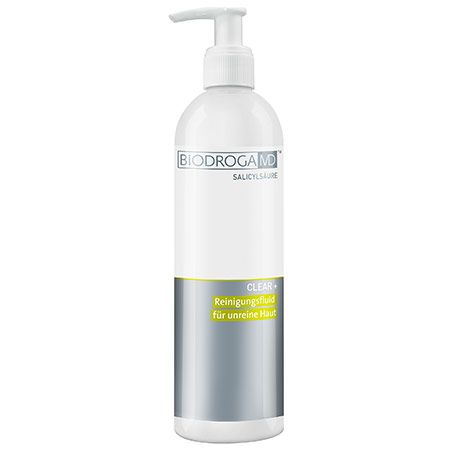 Weiße Flasche mit Pumpe. Aufschrift: BIODROGA MD, Salicylsäure, CLEAR+ Reinigungsfluid für unreine Haut.