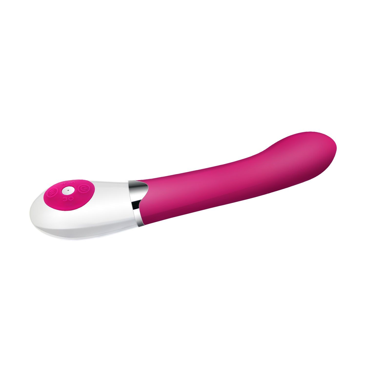 Vibrator mit pinkfarbenem Schaft und weißem Unterteil. Ein Knopf ist sichtbar.