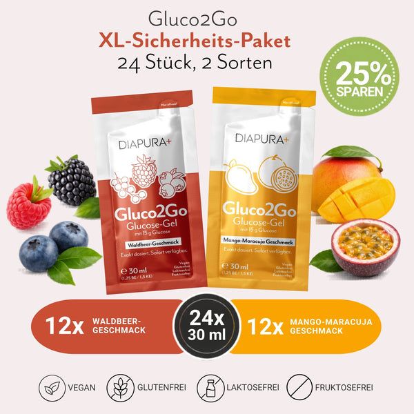 DIAPURA Gluco2Go Glucose-Gel Mix-Paket mit Waldbeer & Mango-Maracuja, Energie bei Unterzuckerung
