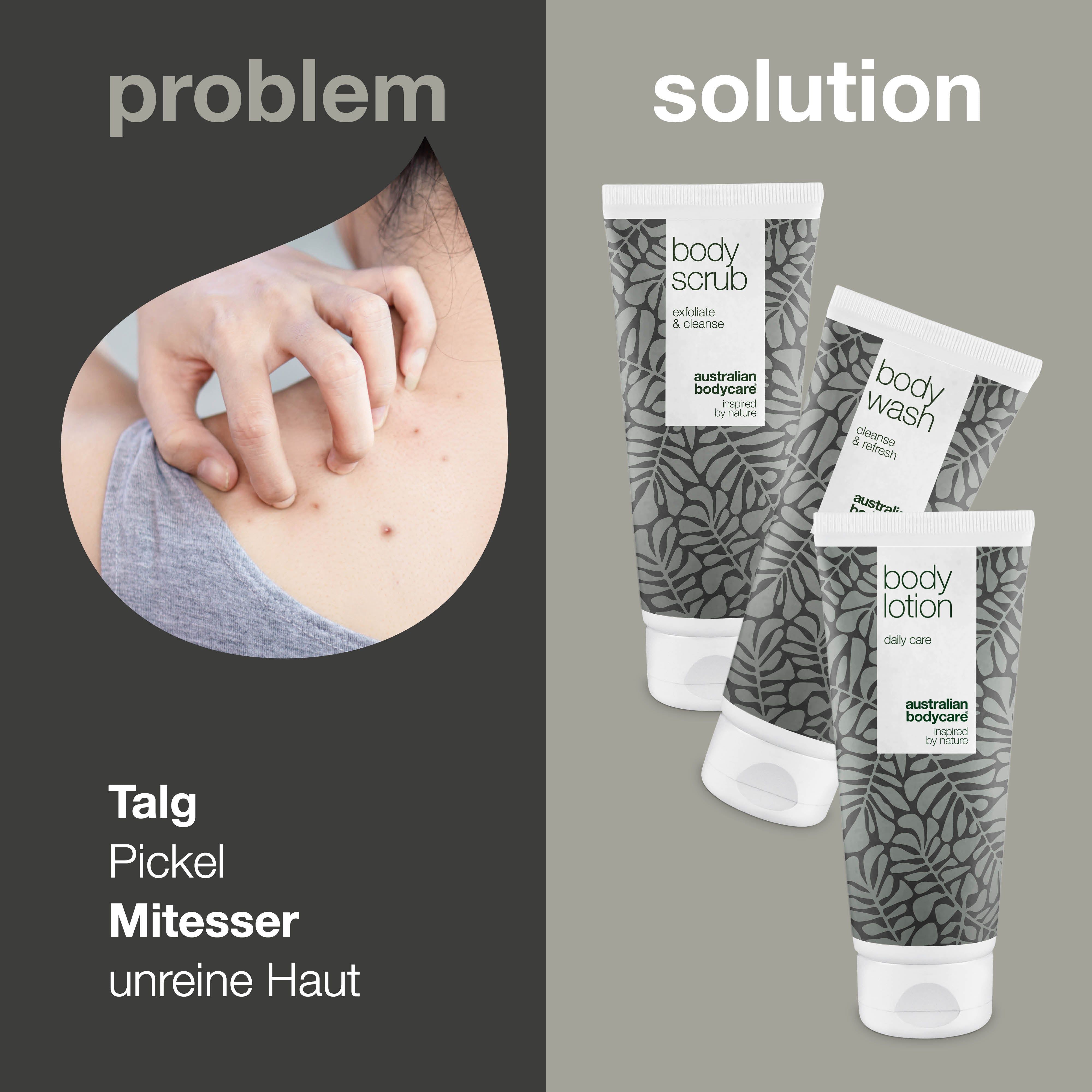 Problem: Hautausschlag. Lösung: Drei Tuben Körperpflegeprodukte. Aufschrift: Body Wash, Body Scrub, Body Lotion. Marke: Australian Bodycare.