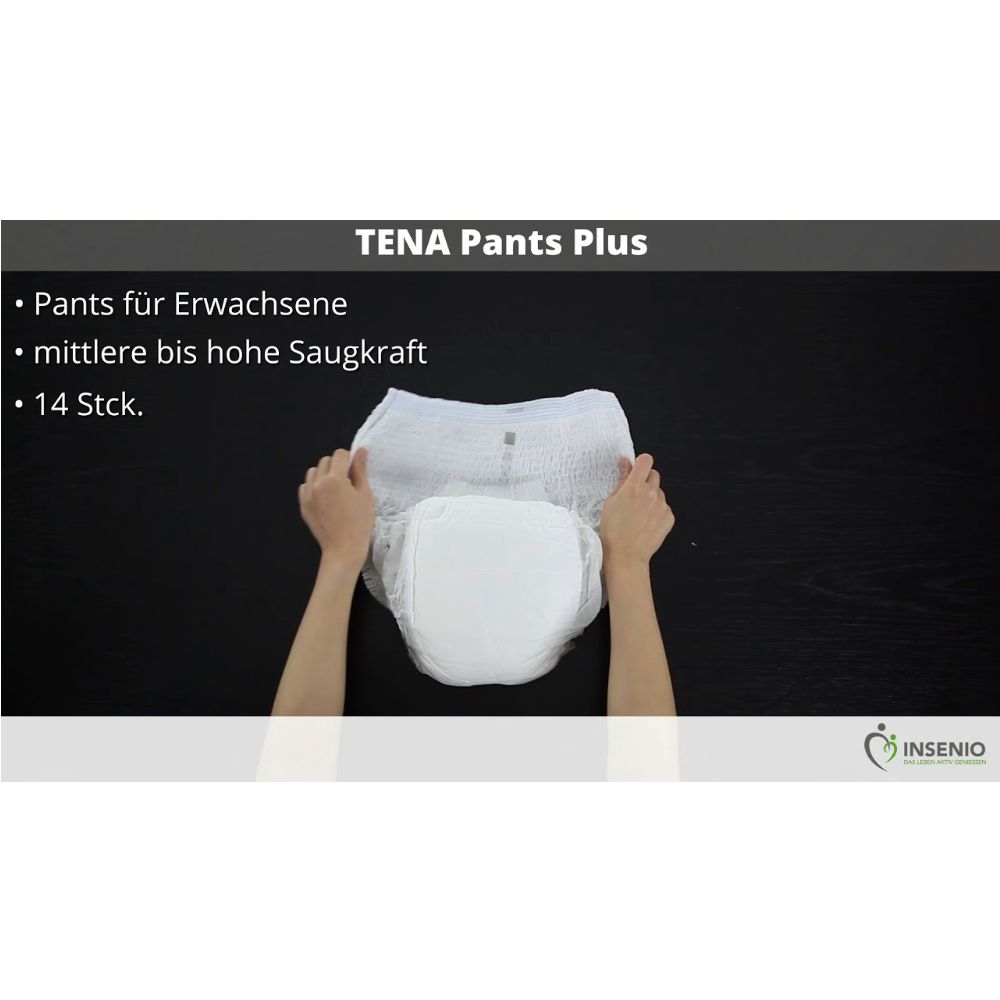 TENA Pants Plus. Weiße Inkontinenzhose, von Händen gehalten. Text: Pants für Erwachsene, mittlere bis hohe Saugkraft, 14 Stk.