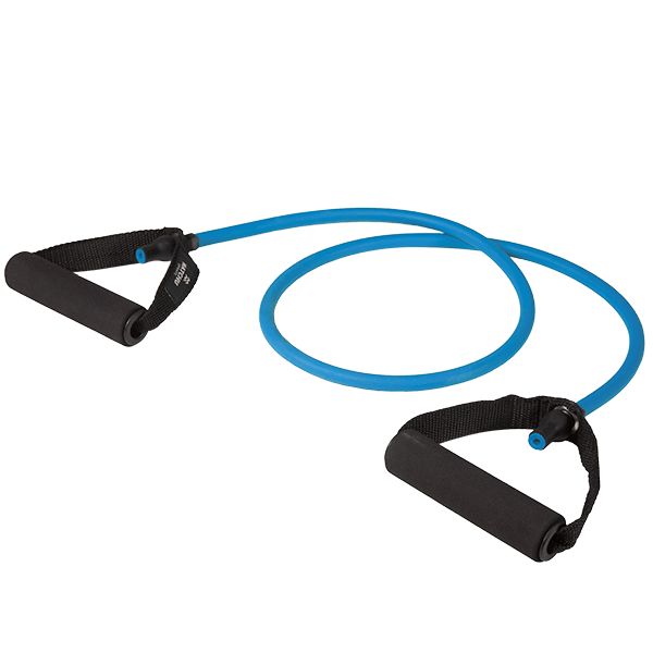 Blaues Fitnessband mit schwarzen Griffen. Griffe aus Schaumstoff. Für Fitness- und Krafttraining.