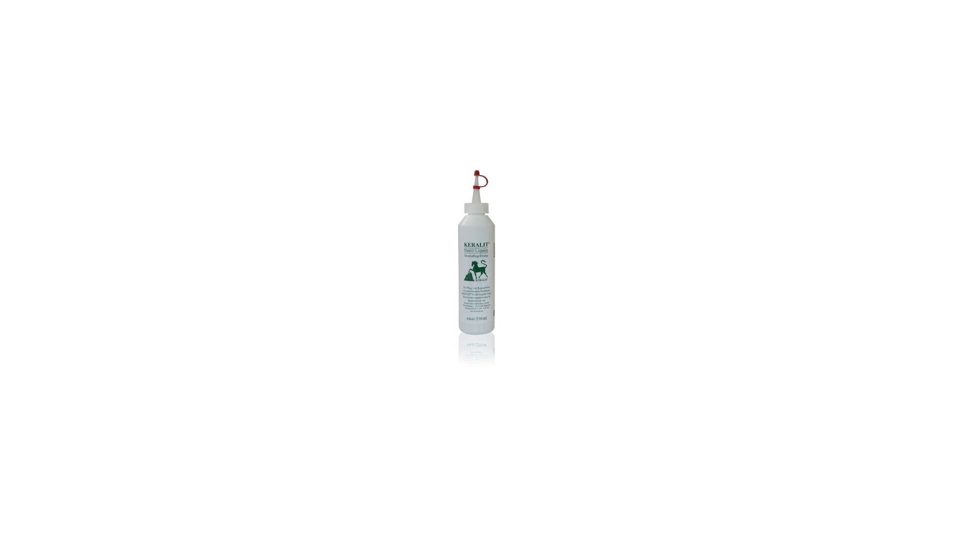 Flasche Keralit® Strahl-Liquid mit rotem Verschluss. Etikett mit Produktnamen und Logo.