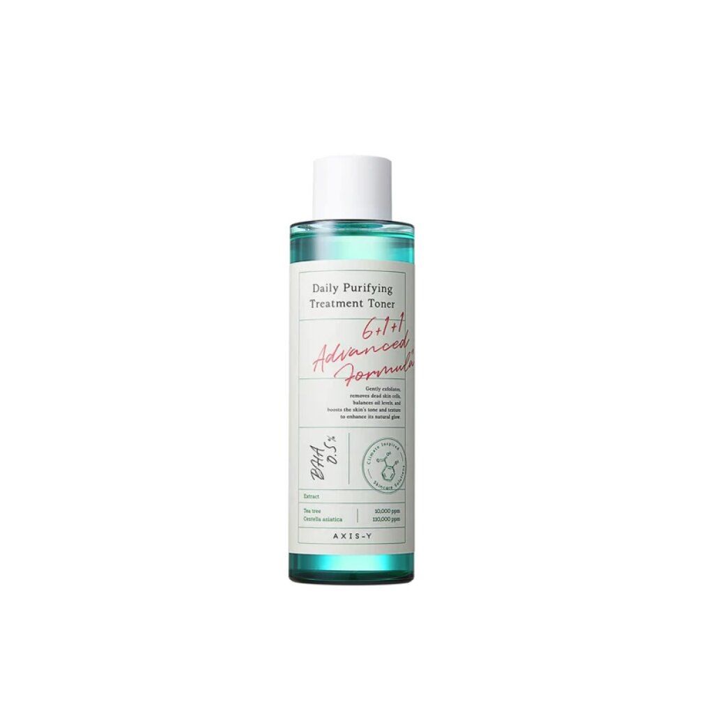 Eine Flasche AXIS-Y Daily Purifying Treatment Toner auf weißem Hintergrund. Das Etikett zeigt BHA 0.5% und Inhaltsstoffe.
