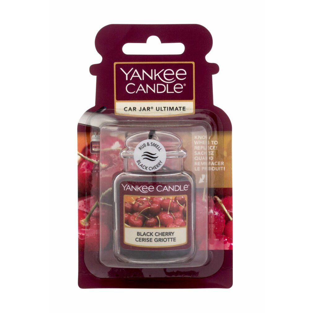 Yankee Candle Autoerfrischer. Schwarzkirsche-Duft. In Verpackung. Glasbehälter mit Metallverschluss. Aufschrift: "CAR JAR".