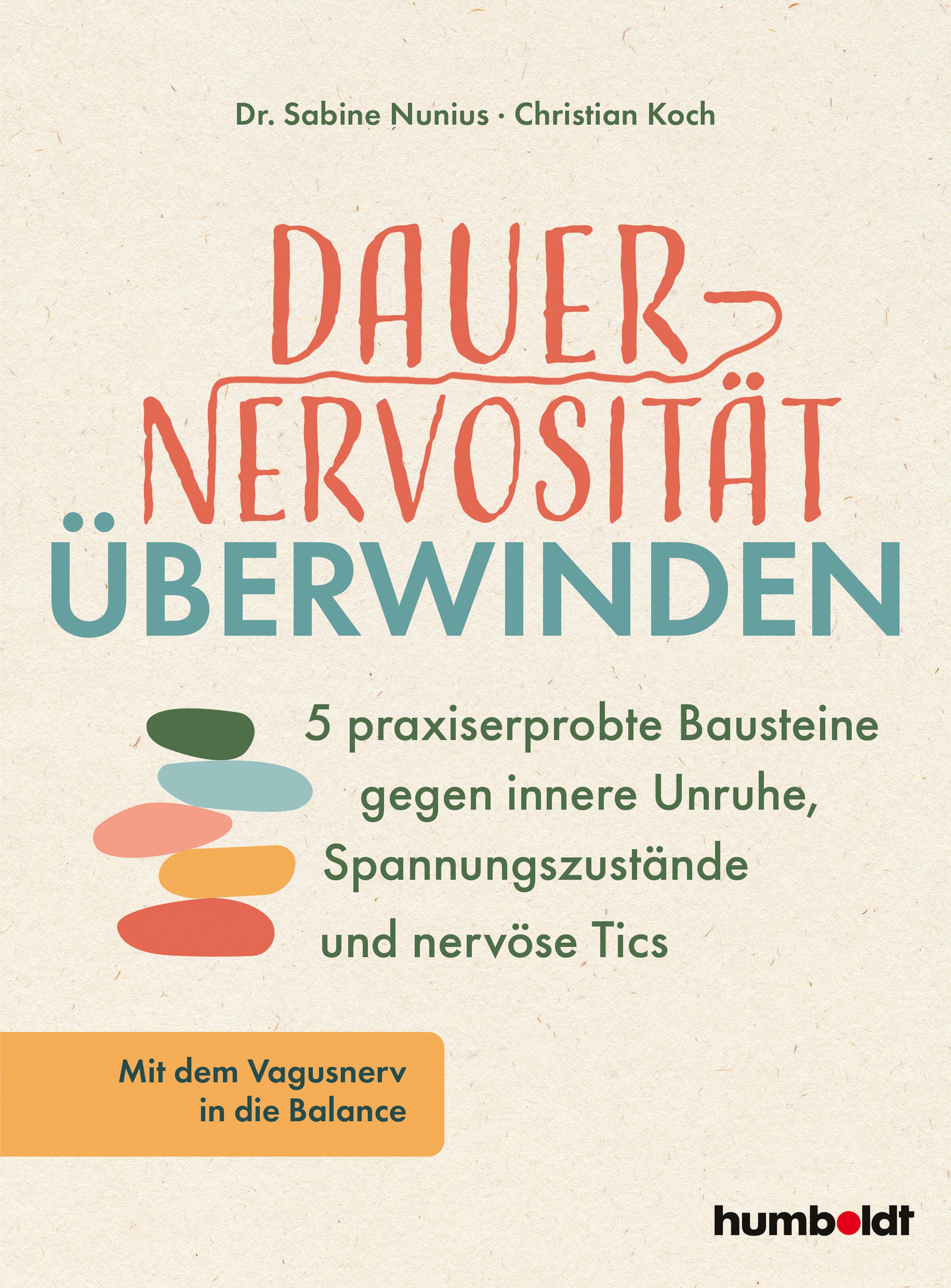 Buchcover: "Dauernervosität überwinden". Titel in Rot und Türkis. Autoren: Dr. Sabine Nunius, Christian Koch. Verlag: humboldt.