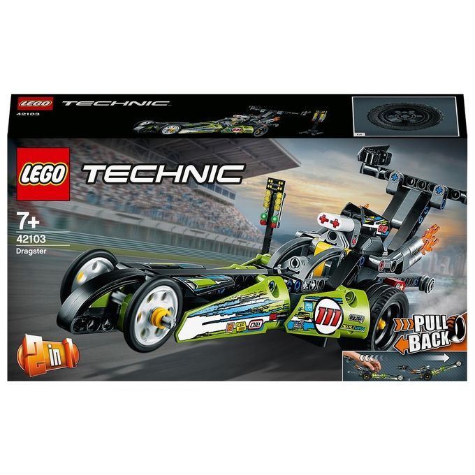 Set LEGO Technic Dragster, confezionato in una scatola nera. Il modello è un dragster verde e nero con ruote e adesivi. Sulla scatola sono visibili il logo LEGO, il nome "Technic" e l'età "7+".