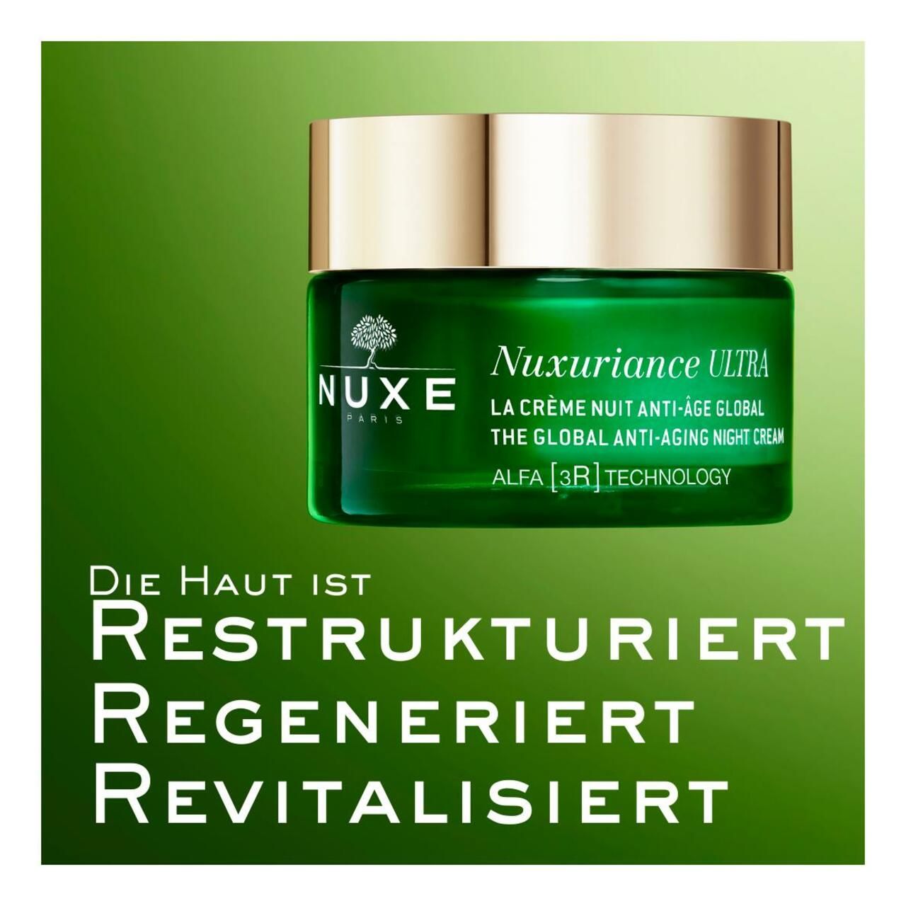 Creme-Dose auf goldfarbenem Podest. Aufschrift: Nuxuriance Ultra.