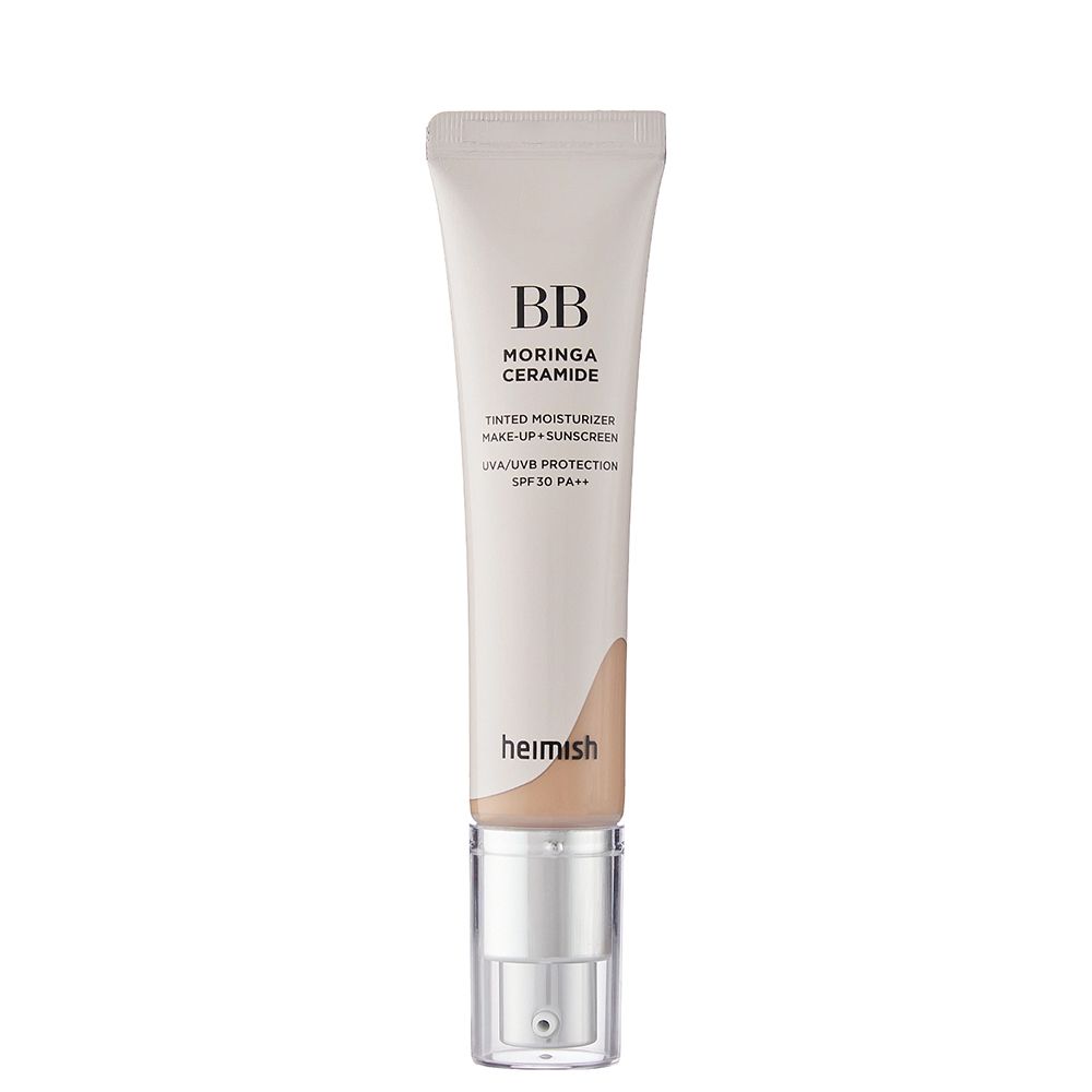 Heimish BB Moringa Ceramide getönte Feuchtigkeitscreme mit Sonnenschutz SPF 30 PA++. Weiße Tube mit silbernem Pumpspender.