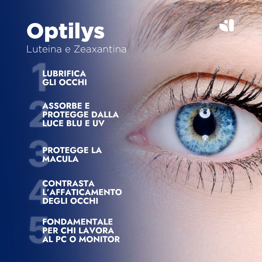 Auge mit blauer Iris. Text: Optilys Luteina e Zeaxantina. 5 Punkte: Befeuchtet, schützt vor blauem Licht, schützt die Makula, bekämpft Augenmüdigkeit.