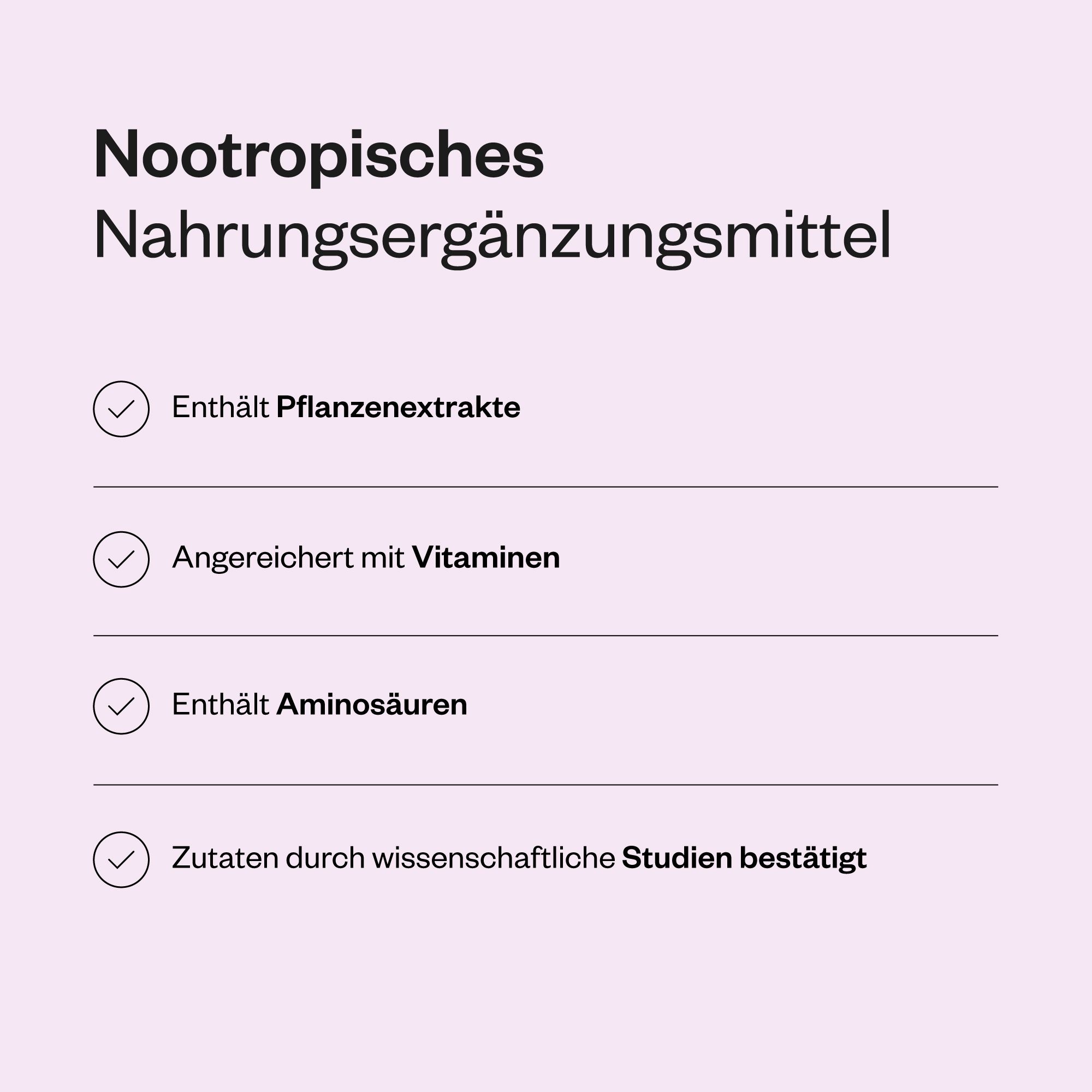 Auf rosa Hintergrund: Enthält Pflanzenextrakte, angereichert mit Vitaminen, enthält Aminosäuren, Zutaten durch Studien bestätigt.