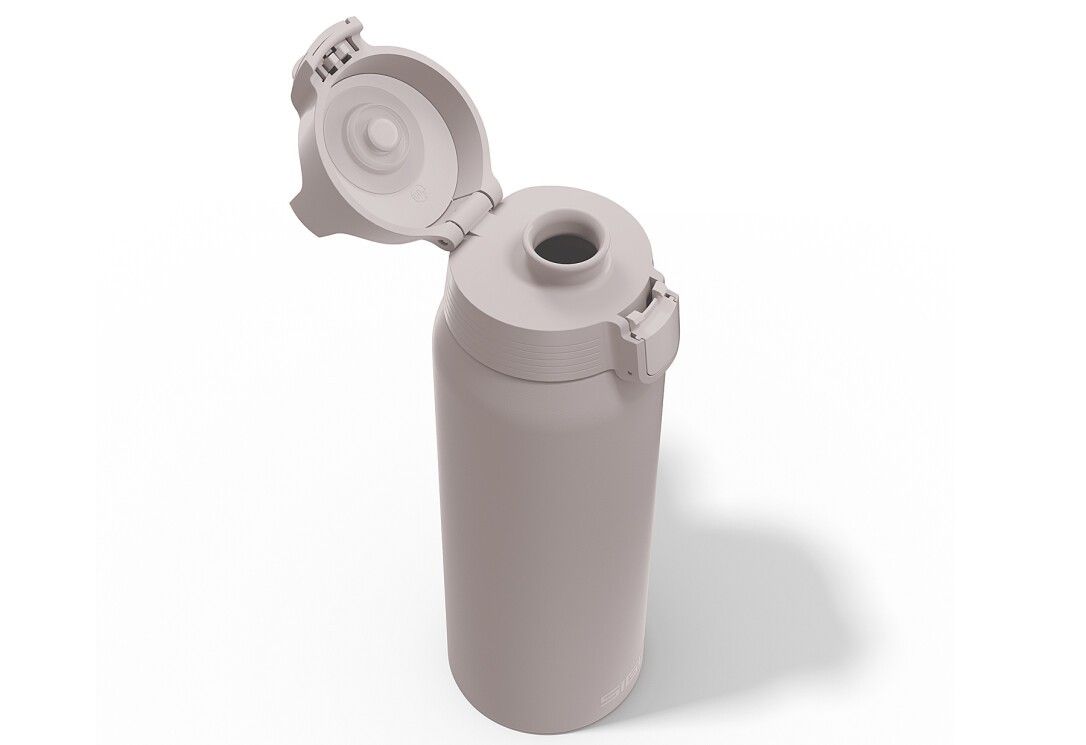 Graue Isolierflasche mit geöffnetem Klappverschluss. Auf weißem Hintergrund.