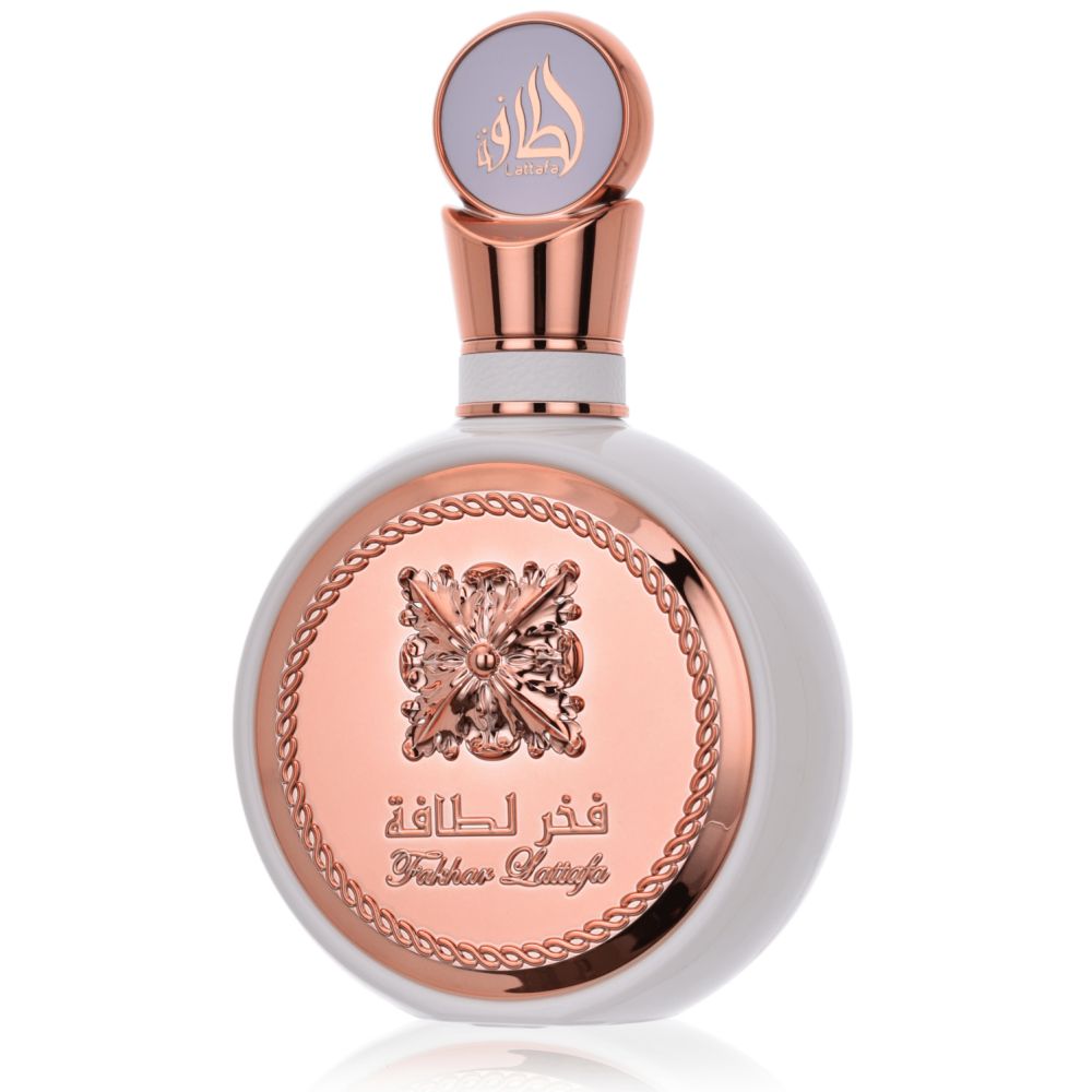 Runder weißer Parfumflakon mit rosévergoldeten Akzenten und einem verzierten Medaillon.