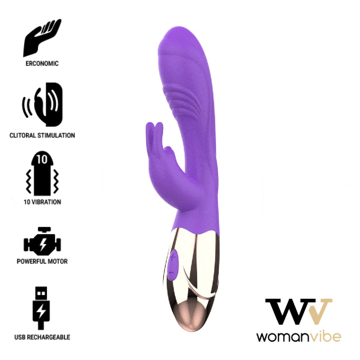 Lila Vibrator mit Kaninchenform. Goldfarbener Kopf und Basis. Text: 10 Vibrationen, USB-Aufladung, Womanvibe.