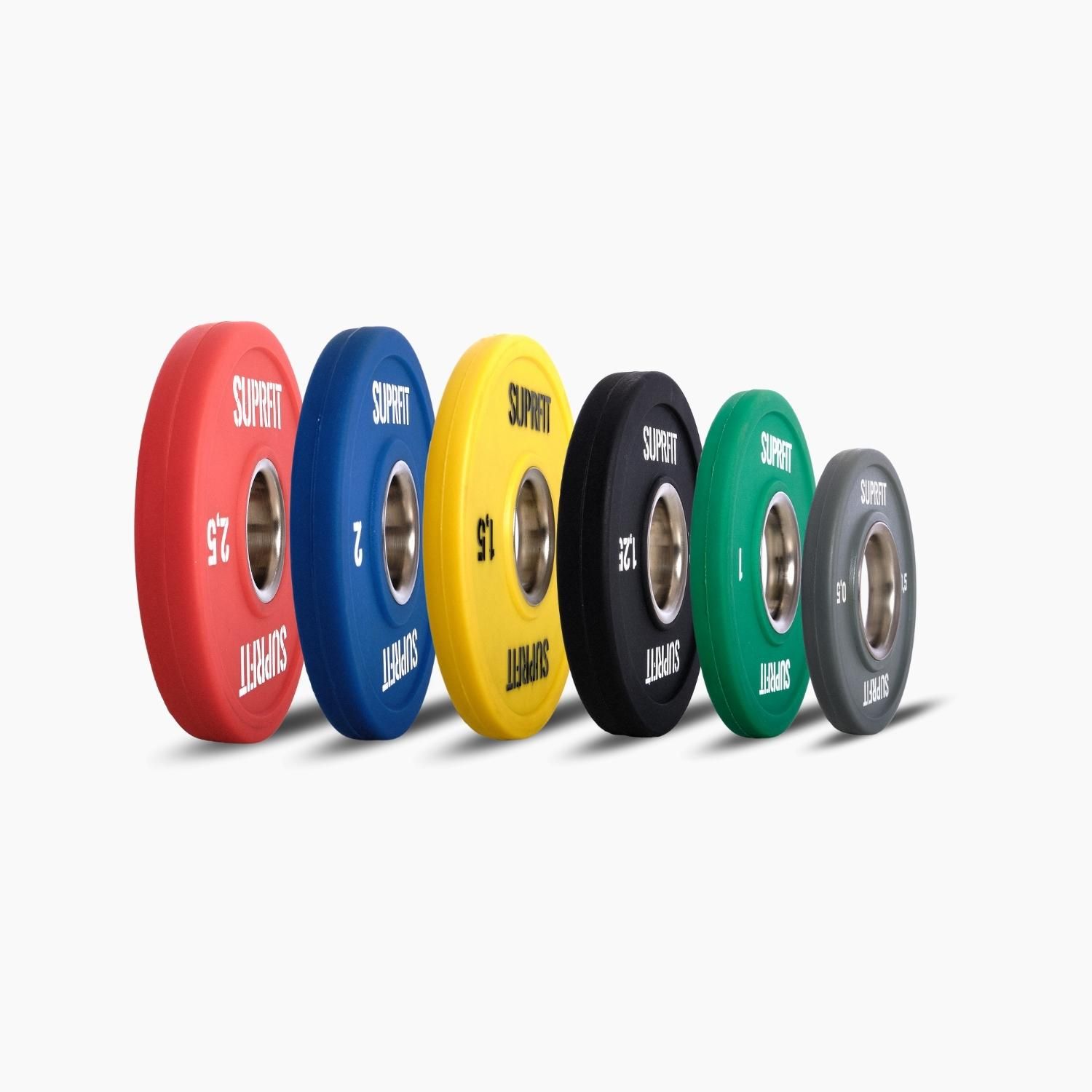 Sechs farbige Suprfit Mini Bumper Plates. Gewichte: 0,5 bis 2,5. Metallringe in der Mitte. Weißer Schriftzug Suprfit.
