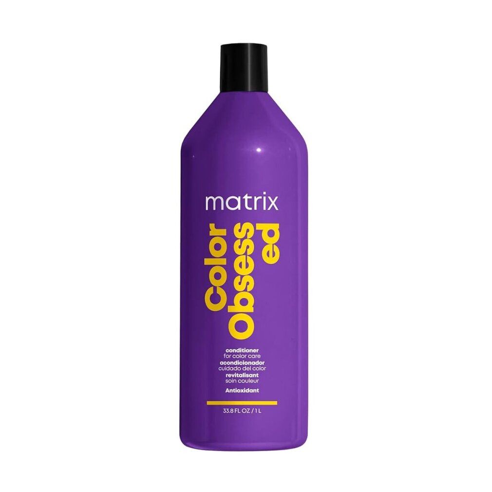 Violette Flasche mit schwarzem Deckel. Aufschrift: Matrix Color Obsessed. Gelber Text auf dem Etikett.