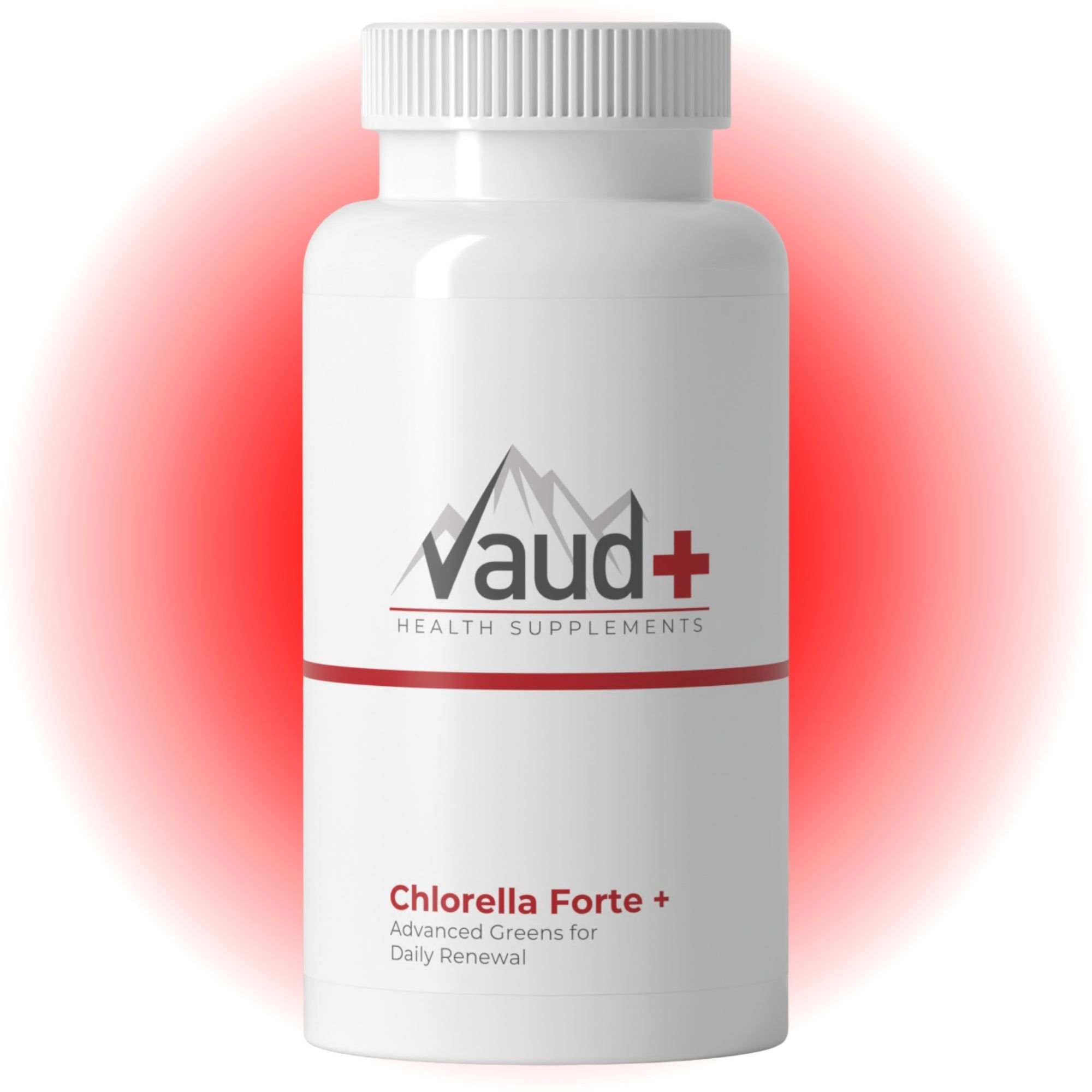 Weiße Flasche mit Schraubverschluss. Aufschrift: Vaud+ Health Supplements, Chlorella Forte. Roter Hintergrund.