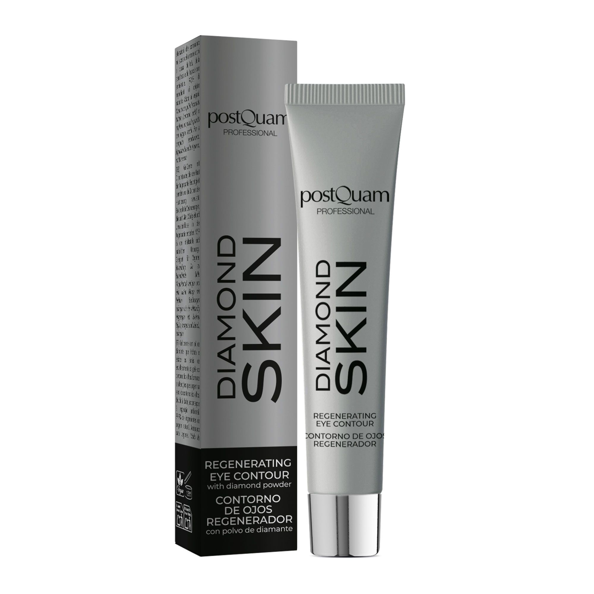 Graue Tube und Schachtel. Aufschrift: DIAMOND SKIN, REGENERATING EYE CONTOUR. Marke: Postquam Professional.