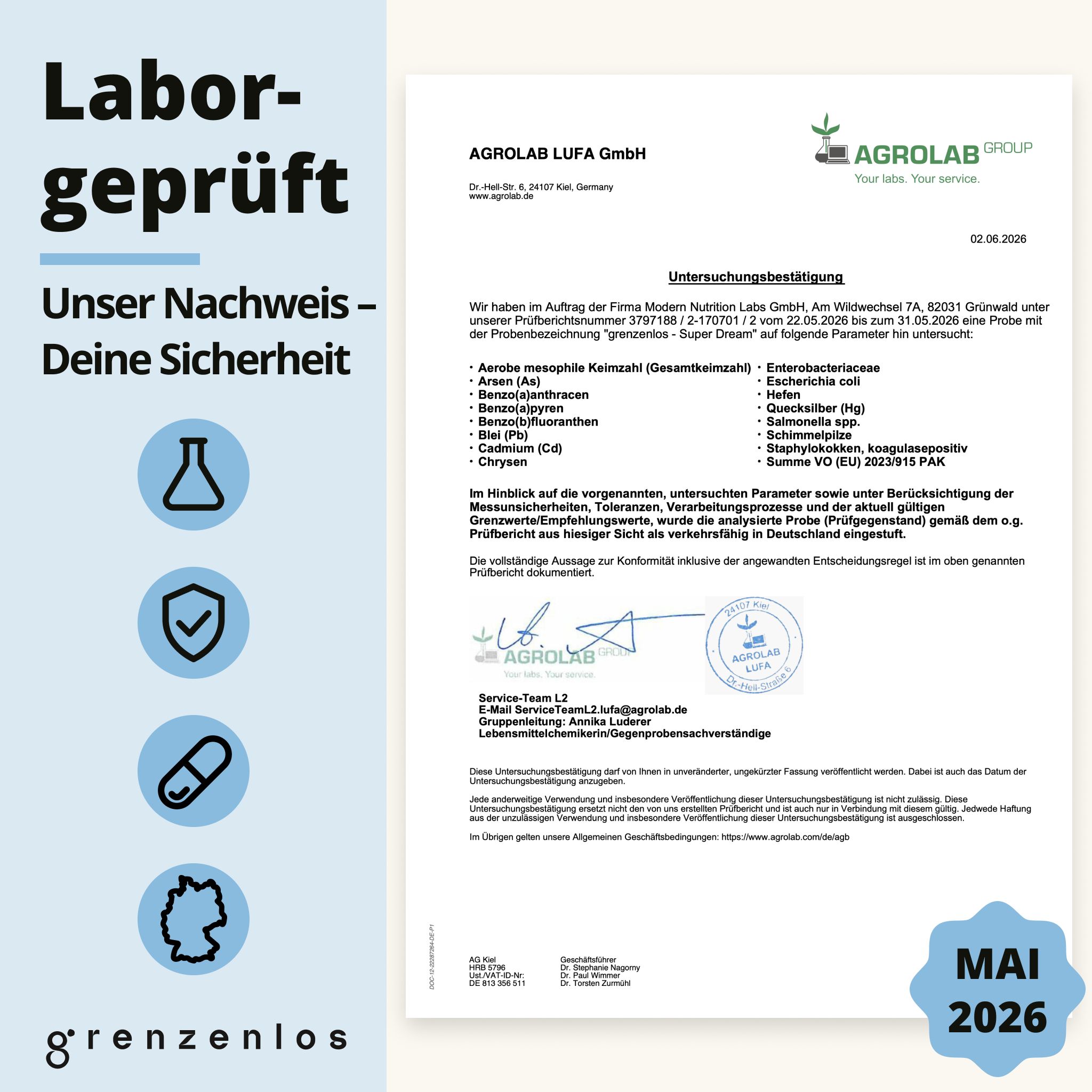 Laborbericht von Agrolab für grenzenlos®: Untersuchung auf Schwermetalle, Mikroben, etc. Gültig bis Mai 2026.