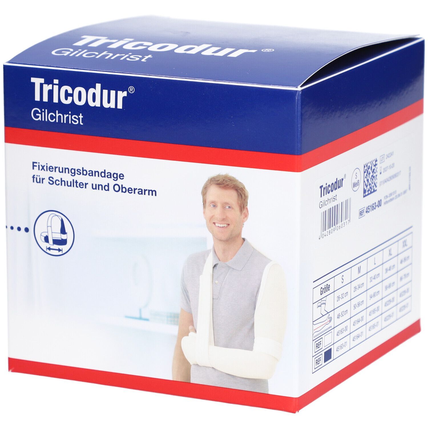 Blau-weiße Verpackung. Aufschrift Tricodur Gilchrist. Fixierungsbandage für Schulter und Oberarm. Abbildung eines Mannes mit Armbandage.