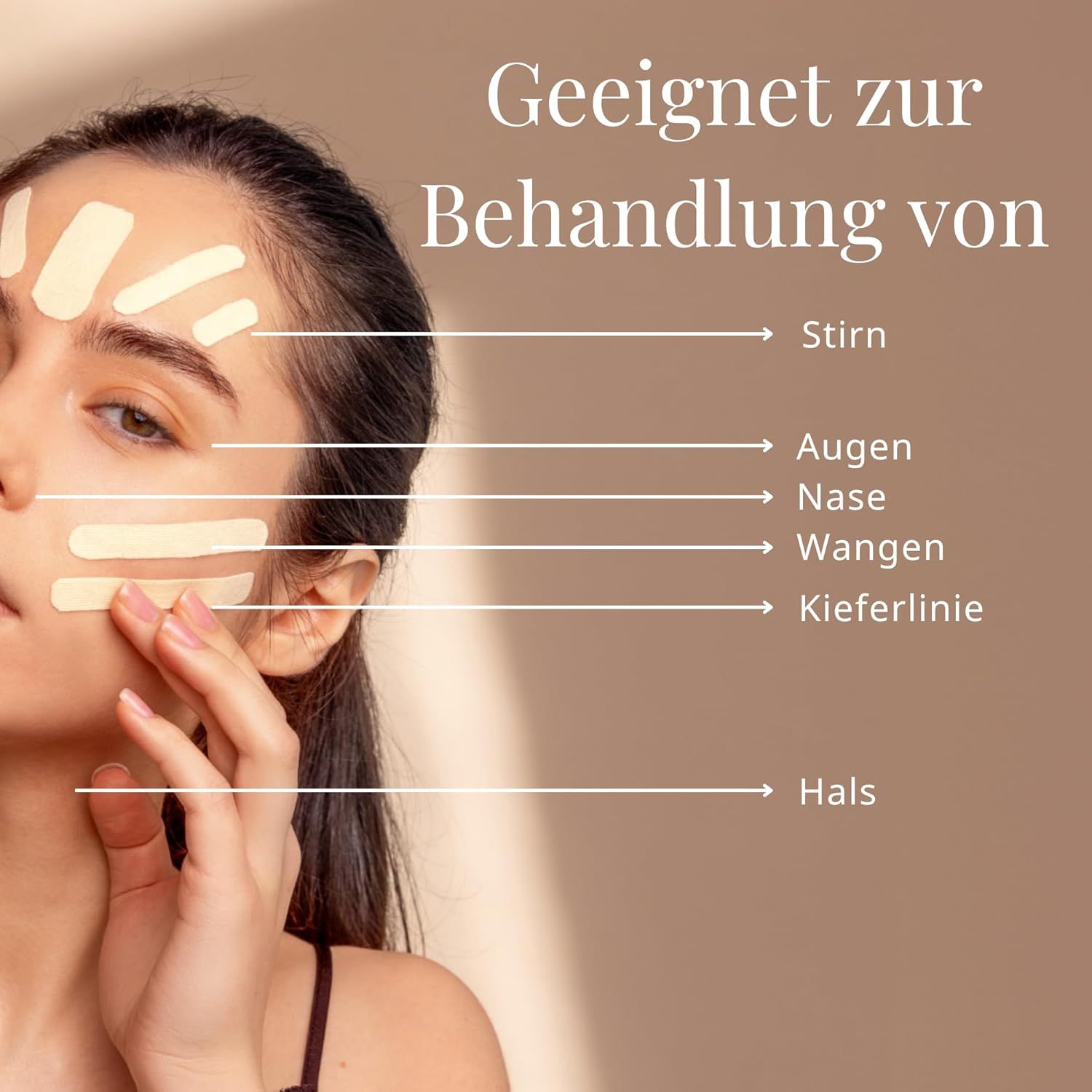 Frauengesicht mit angewendetem Kinesio Tape zur Behandlung von Stirn, Augen, Nase, Wangen, Kieferlinie, Hals.