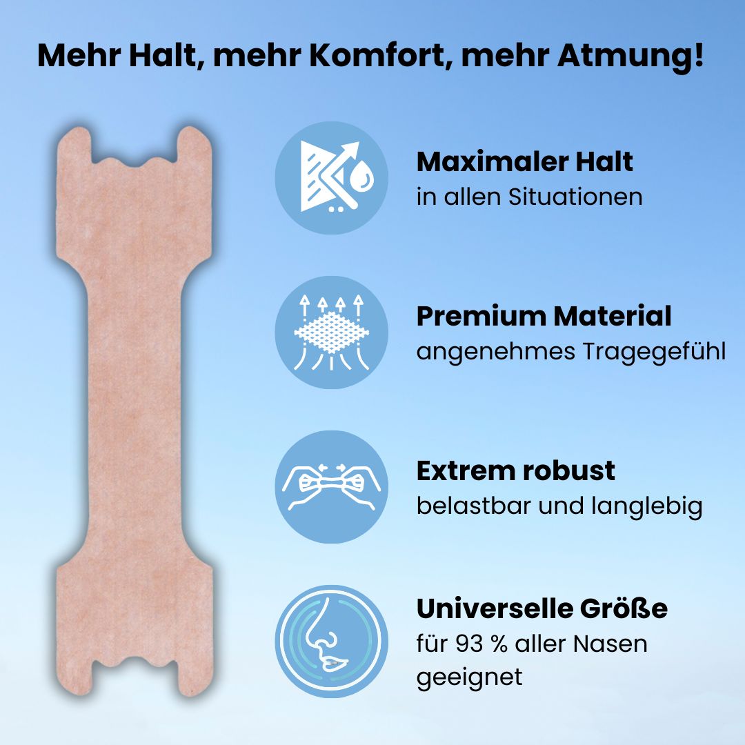 Nasenpflaster mit Text: Maximaler Halt, Premium Material, extrem robust, universelle Größe.