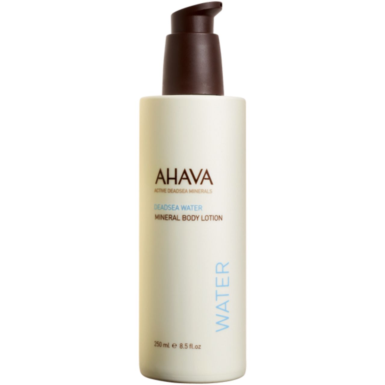 AHAVA Mineral Body Lotion. Weiße Flasche mit braunem Pumpkopf. Text: AHAVA, ACTIVE DEADSEA WATER, Mineral Body Lotion, WATER.