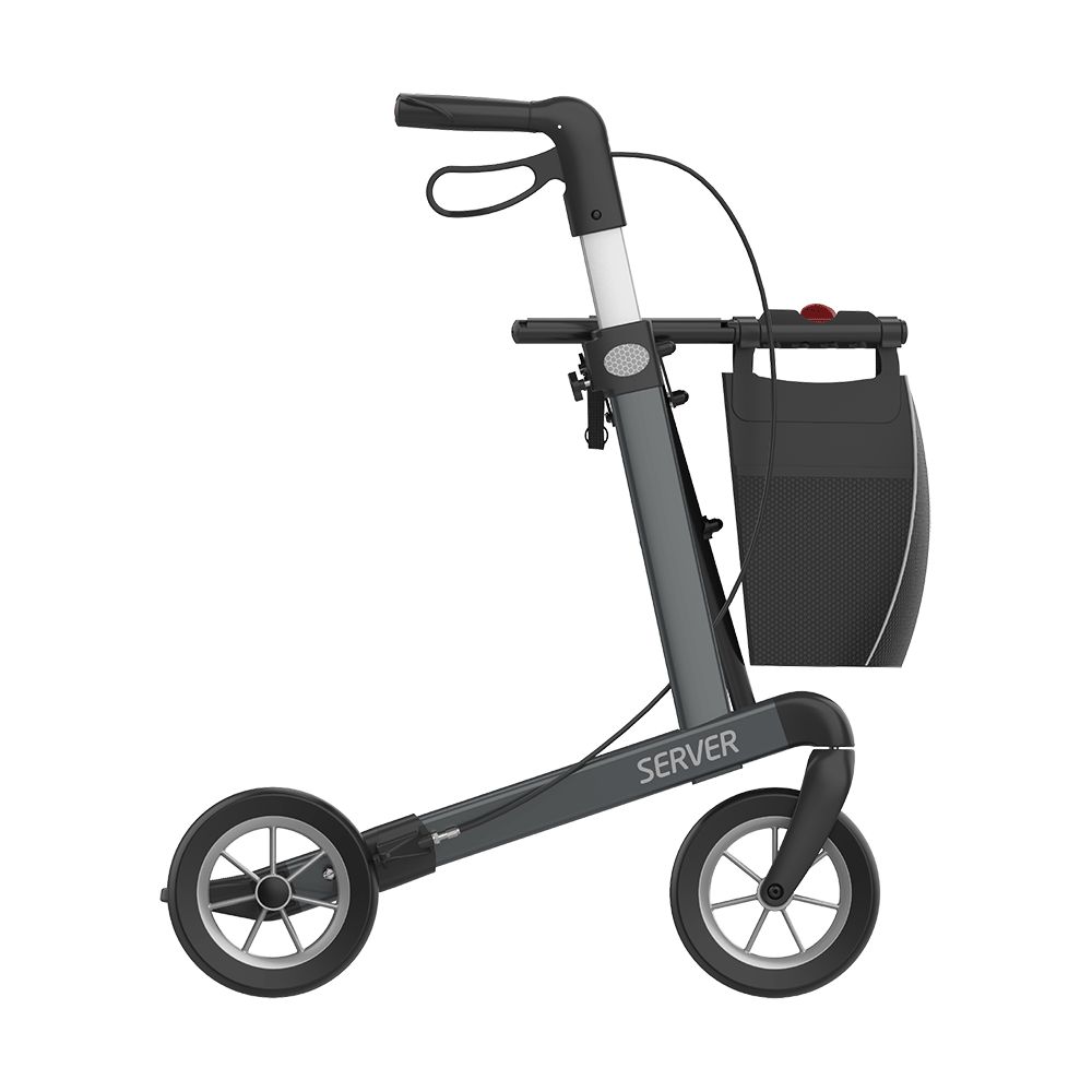 Grauer Rollator mit drei Rädern. Schwarzer Korb und Bremsen sind sichtbar. Der Name SERVER ist auf dem Rahmen zu sehen.