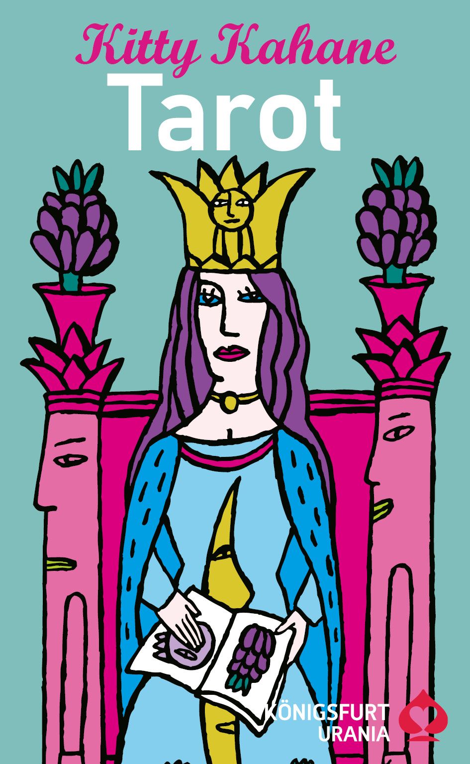 Buchcover: "Kitty Kahane Tarot". Illustration einer Königin mit Krone, auf Thron. Türkis Hintergrund.