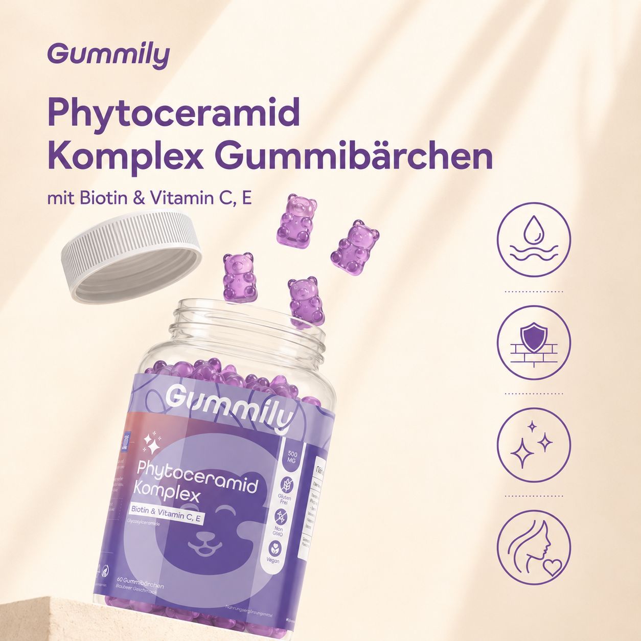 Gummibärchen-Flasche mit lila Gummibärchen, Phytoceramid Komplex mit Biotin & Vitamin C, E.
