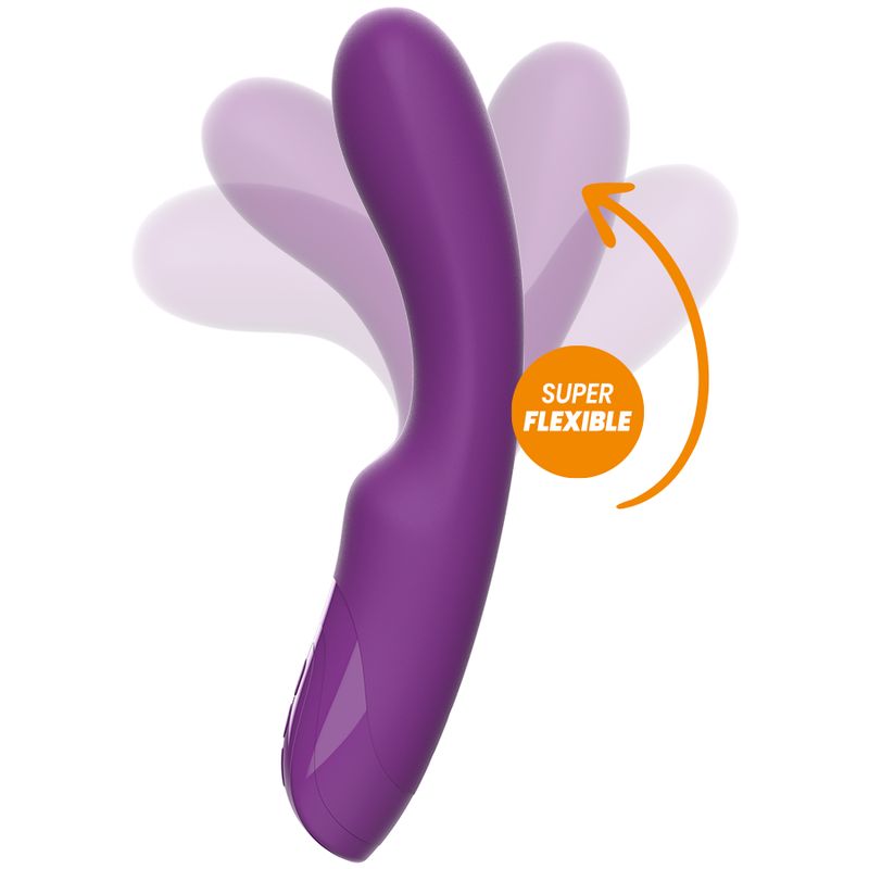 Lila Vibrator mit flexibler Form. Orangefarbener Kreis mit Text: SUPER FLEXIBLE. Pfeil zeigt Flexibilität.