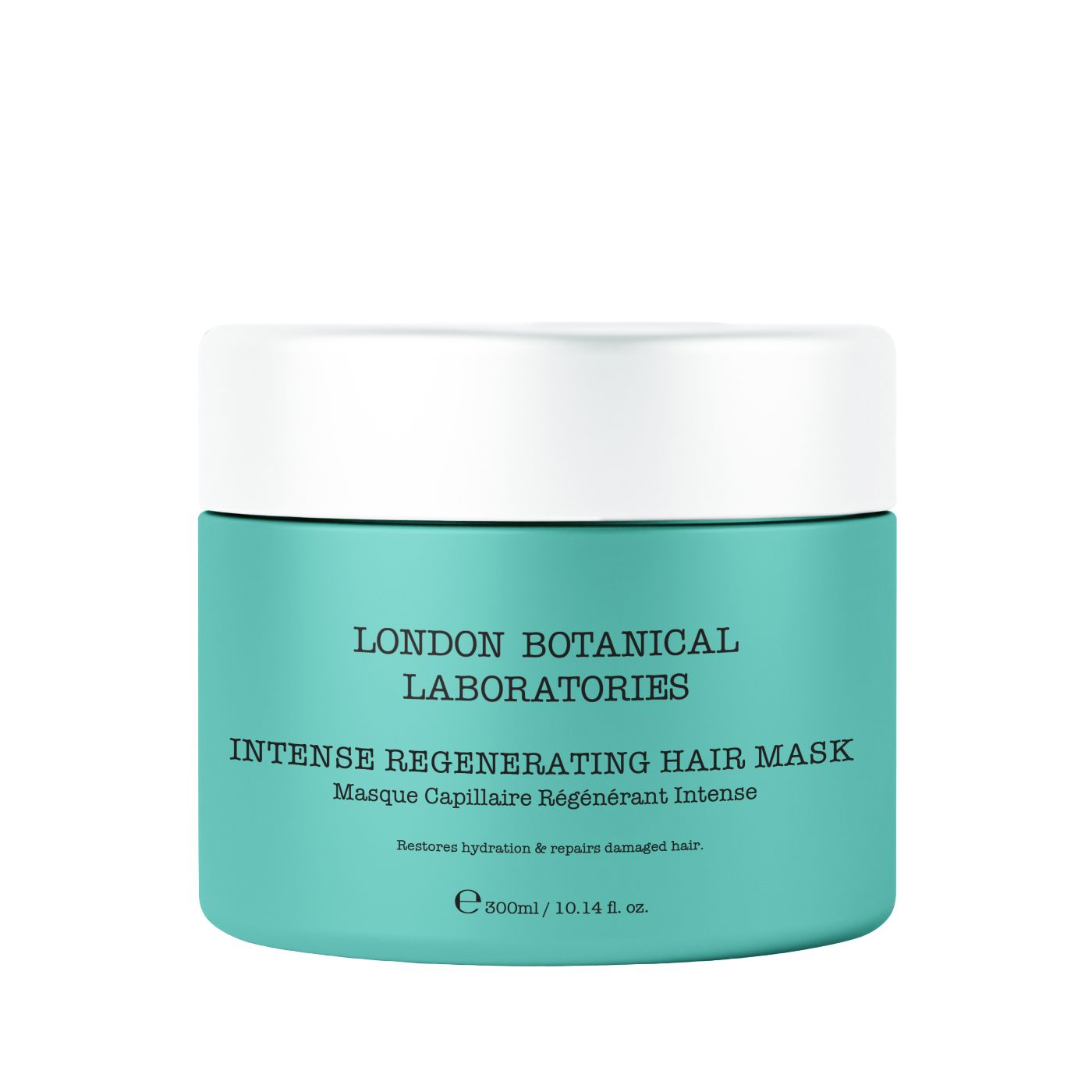 Türkisfarbener Tiegel mit weißem Deckel. Aufschrift: London Botanical Laboratories, Intense Regenerating Hair Mask, Masque Capillaire Régénérant Intense.