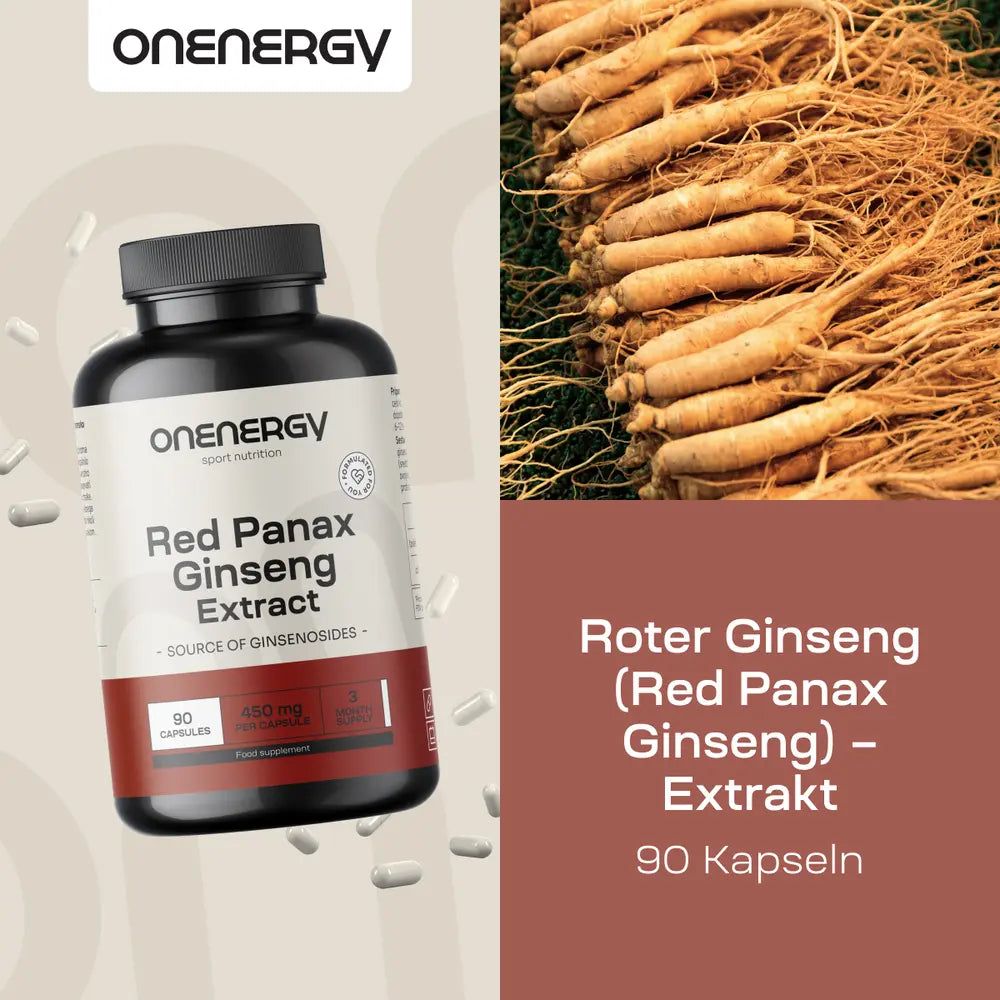 Flasche Roter Ginseng-Extrakt und Ginsengwurzeln. Aufschrift: OnEnergy, Red Panax Ginseng Extract. 90 Kapseln. Kapseln daneben.