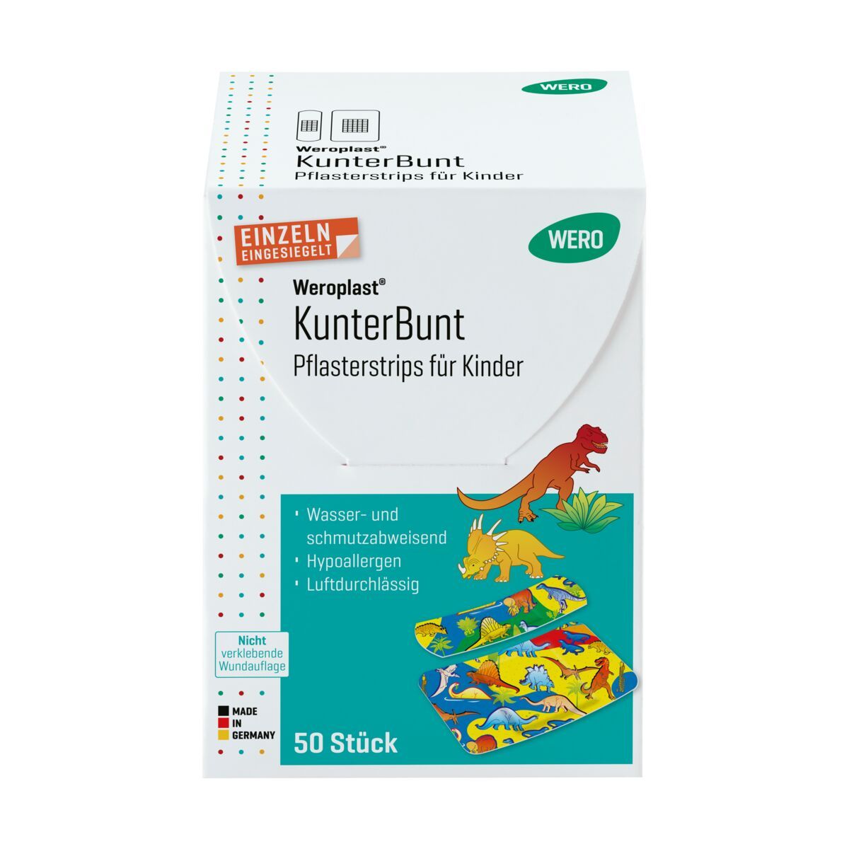 Verpackung WERO KunterBunt Pflasterstrips für Kinder mit 50 Stück. Zeigt bunte Dinosaurier-Motive.