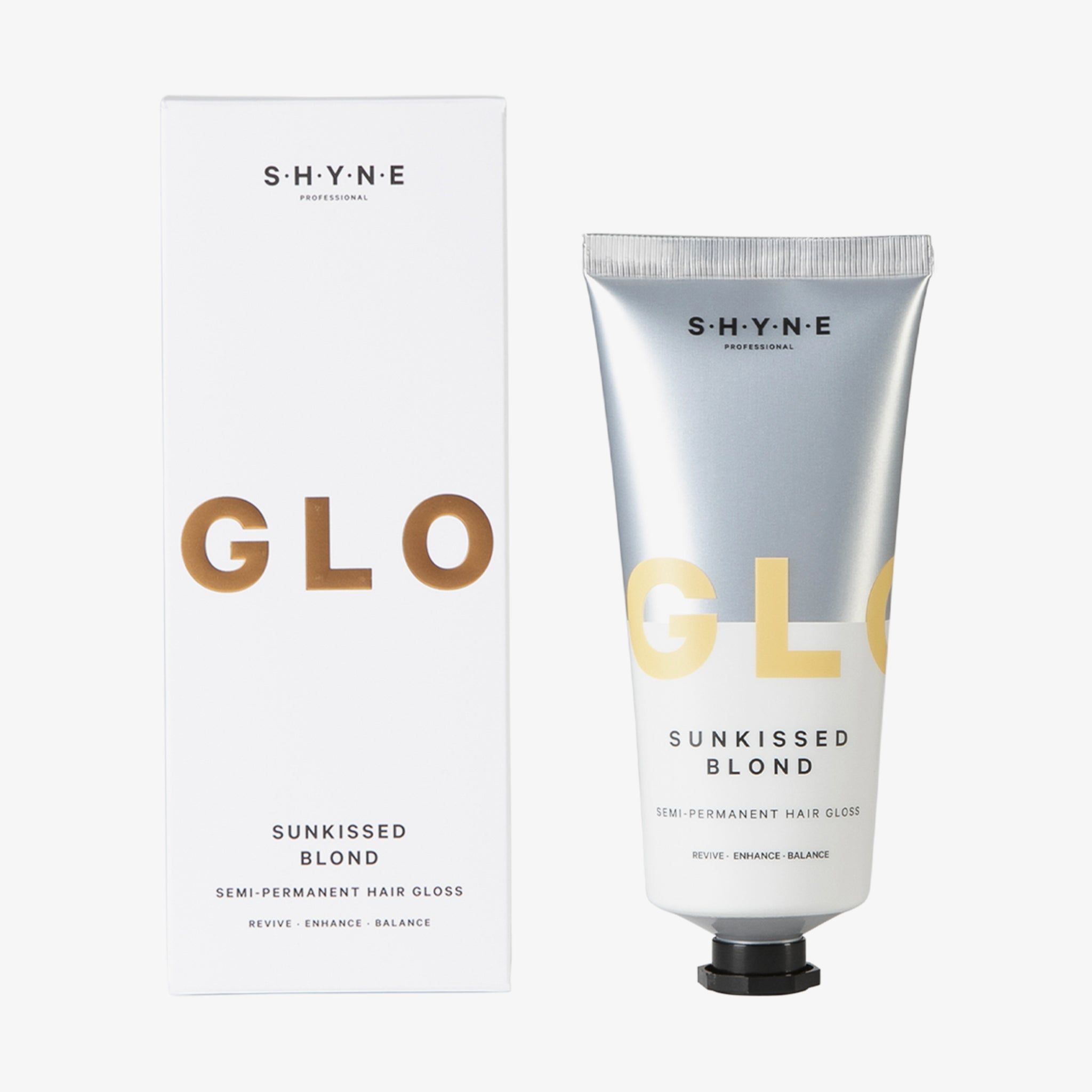 SHYNE Gloss Sunkissed Blond, Tube und Verpackung. Weiße Verpackung mit gelbem GLOW-Schriftzug. Tube mit Produktbezeichnung.