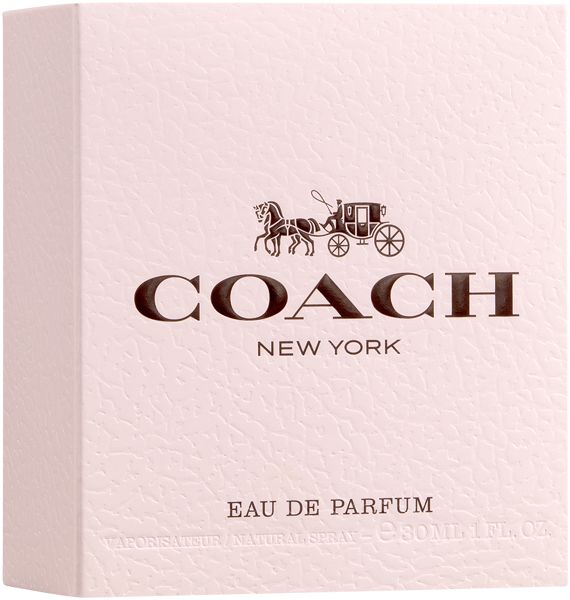 Rosa Verpackung mit Coach Logo und Kutschen-Motiv. Text: COACH NEW YORK, Eau de Parfum.