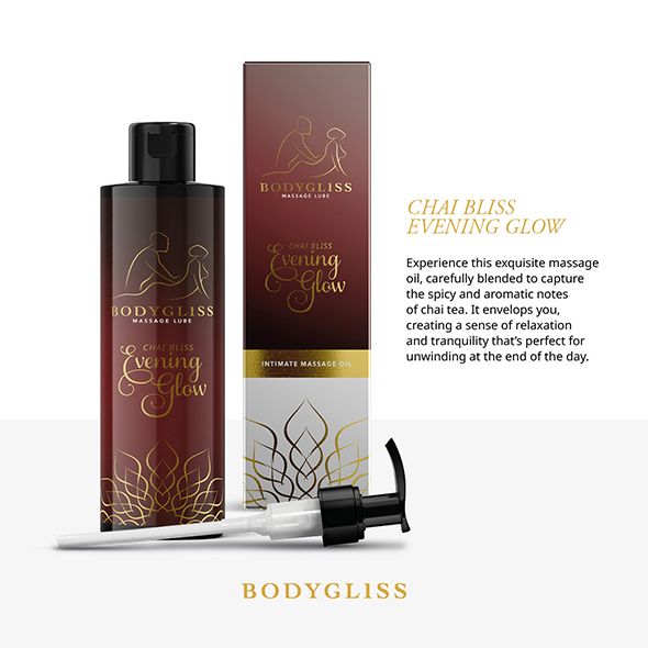 Bodygliss Massageöl Flasche und Verpackung. Aufschrift: Chai Bliss Evening Glow. Text über das Produkt.